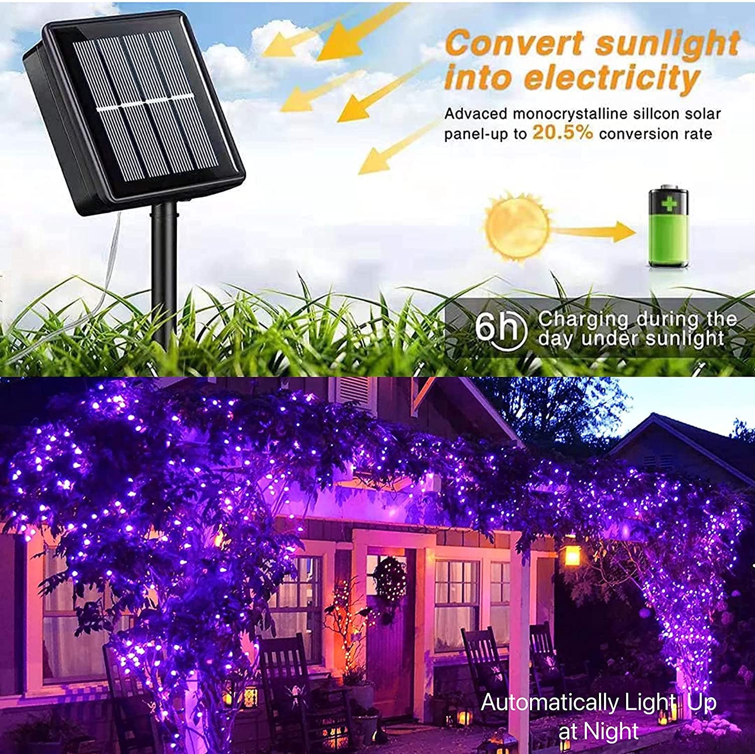Qitong 2 Pack Purple Solar Christmas Lights, 66Ft 200 Led Waterproof Fairy Lights, 8 Modes