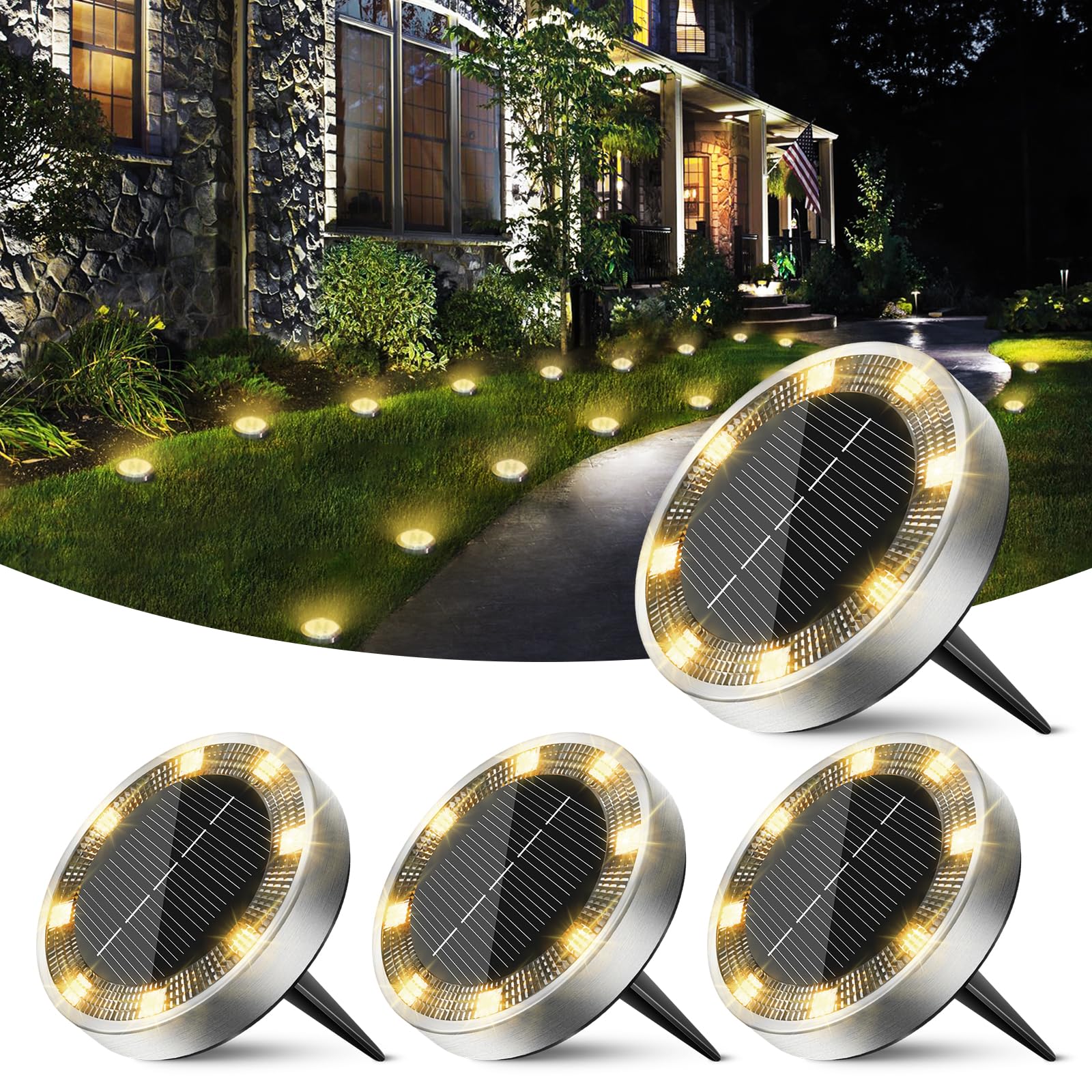 Peasur Mini Solar Ground Lights Outdoor  4 Pack Flat Solar Powered Disc Lights  Ip68 Waterproof  Anti-Rust  Landscape Lighting For Pathway Garden Yard Lawn Walkway Landscape Driveway  Warm White