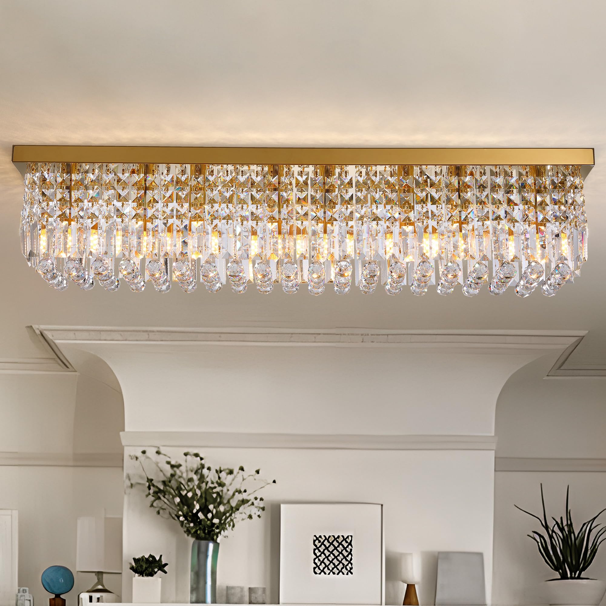 Tinkoso 8-Light Gold Crystal Chandelier, Modern K9 Crystal Rectangle Chandelier For Dining Room Kitchen Island Hanging Pendant L