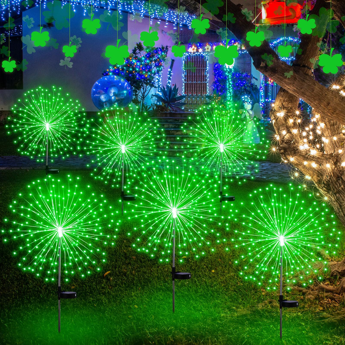 Tujoe 6 Pcs St. Patrick'S Day Solar Firework Stake Lights 180 Led 8 Modes Waterproof Led Sparkler Lights Outdoor Decoration For