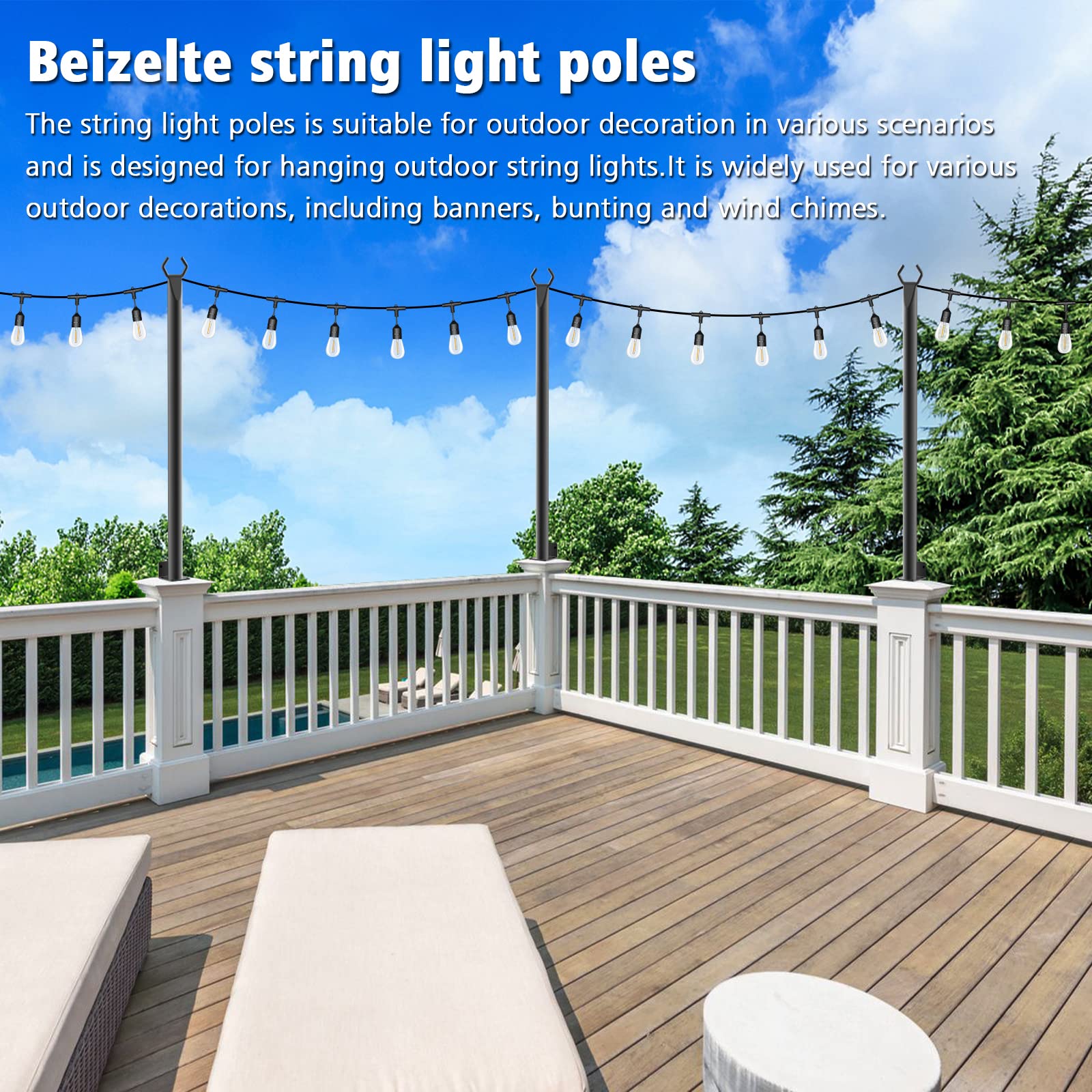 Beizelte 5FT Metal String Light Poles, 2 Pack, Black, SLP-Beizelte for Outdoor Deck, Fence, Wall