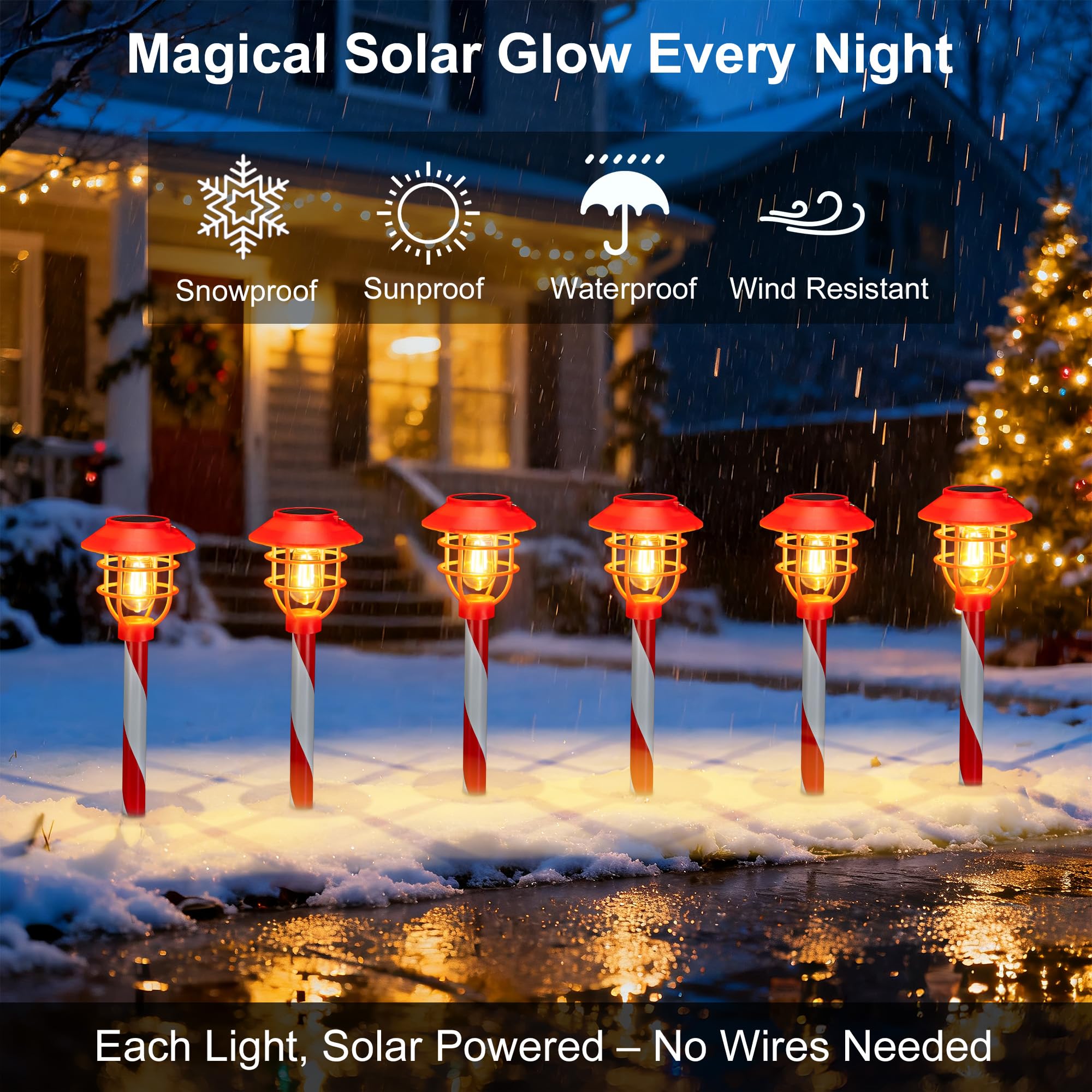 pearlstar Solar Pathway Lights 4 Pack, Waterproof Candy Cane Decor, Red, Model HPL010-LX