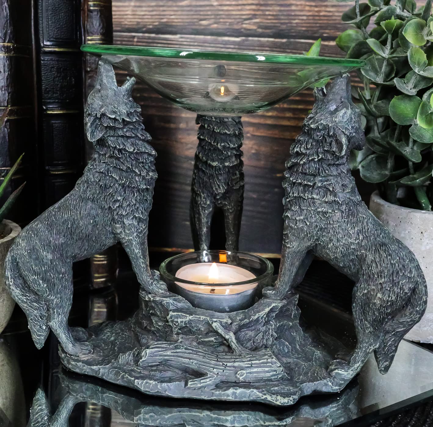 Ebros Gift Moonlight Three Howling Wolves Oil Warmer Or Wax Tart Burner Aroma Scent Diffuser Statue Faux Stone Resin Wolf Themed Decorative Figurine
