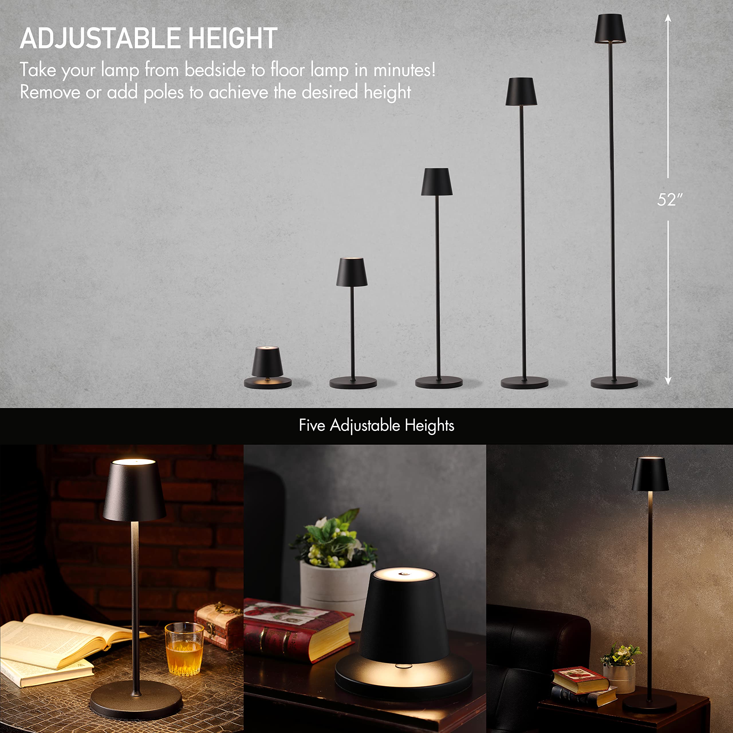 OBright Cordless LED Floor Lamp, Dimmable, Adjustable Height, Water Resistant, Black, Model OB-FL21B