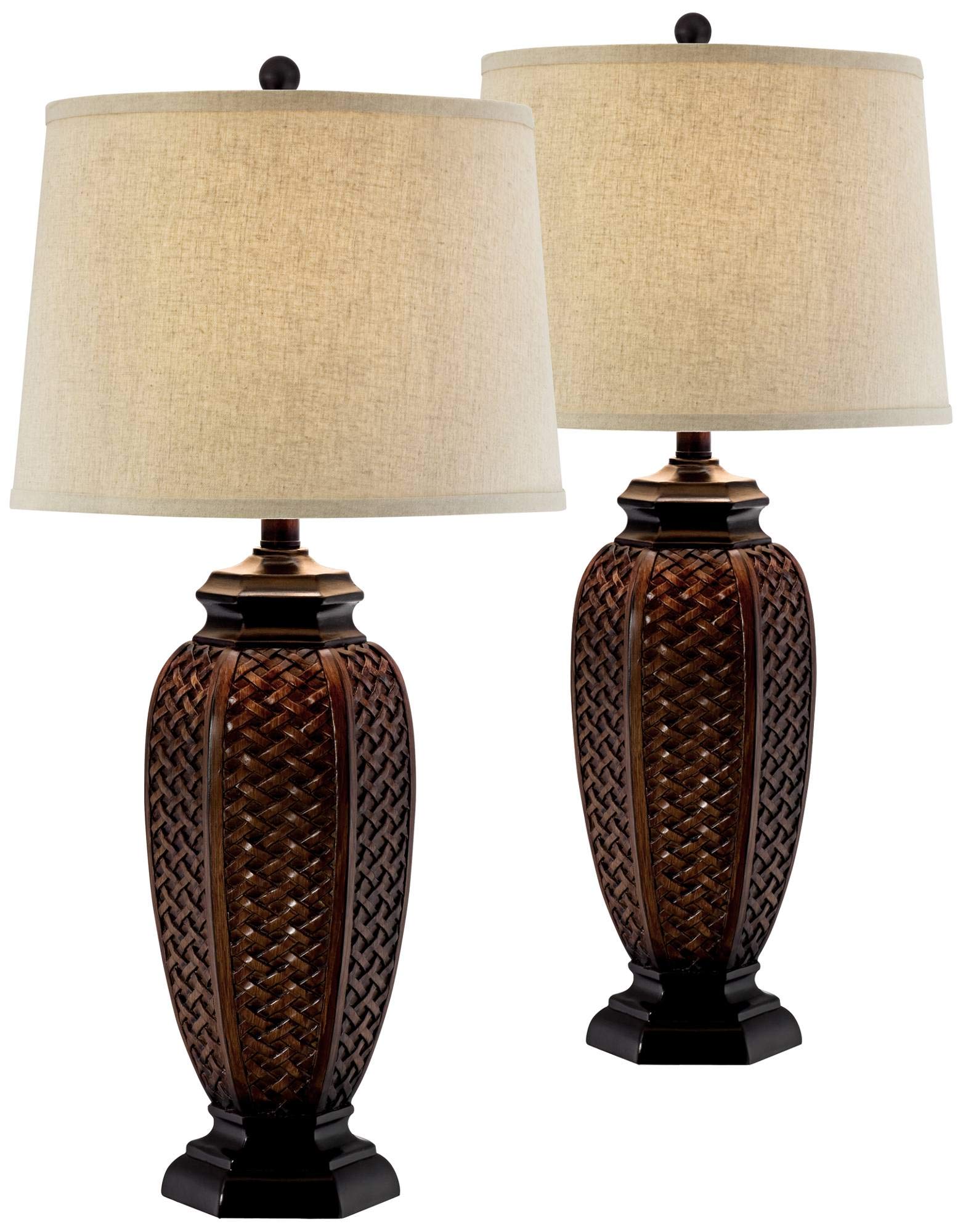Regency Hill Tropical Natural Cottage Jar Table Lamps 29'' Tall Set of 2 Weathered Brown Woven Wicker Beige Linen Fabric Drum Sh