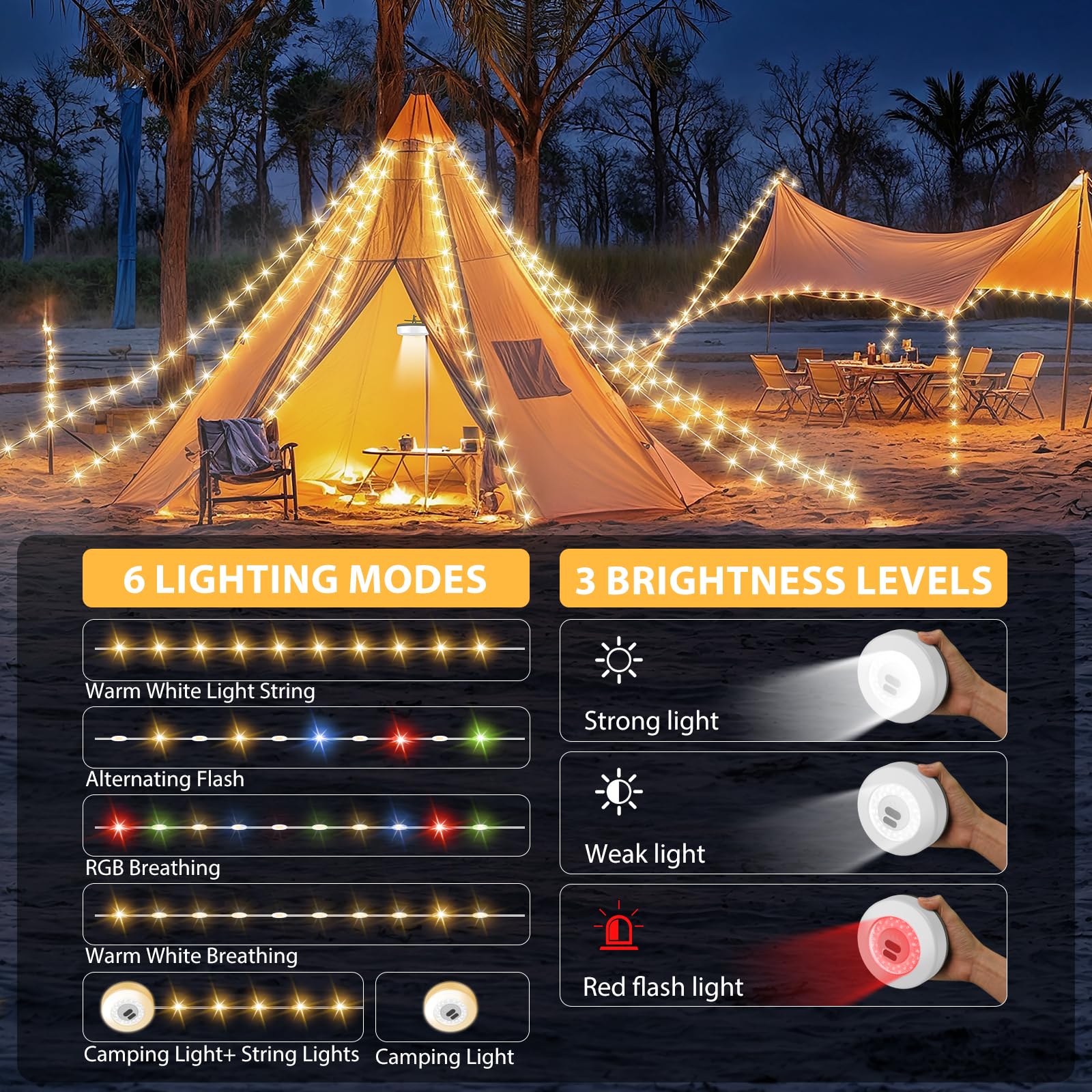 2Pack Camping String Lights, 4 in 1 Quick Storage 32.8FT Rechargeable Tent Lights with 9 Modes Hanging Waterproof Camp Lamp Camp