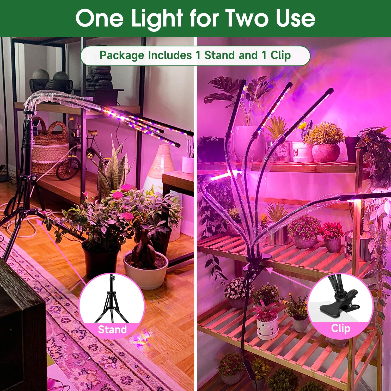 Wolezek Grow Lights For Indoor Plants, Full Spectrum Led Plant Grow Light With Adjustable Stand And Sturdy Clip, 5-Heads Plant Light With Auto 6/12/16H Timer, 3 Light Modes, 5 Levels Dimmable