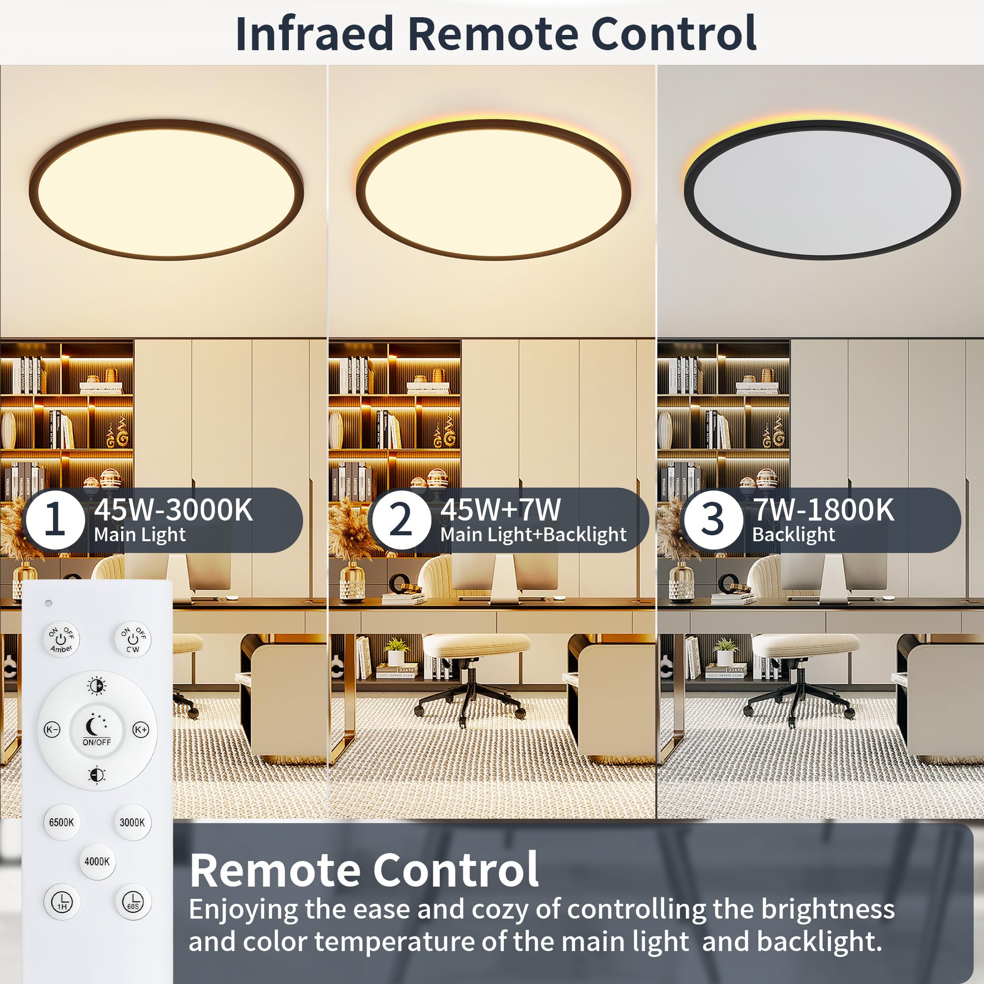 KIWIVIC 19 Inch Flush Mount Ceiling Light, Dimmable LED, 45W 4500LM, Black, Model LT0162-T3-T01, Night Light, 300