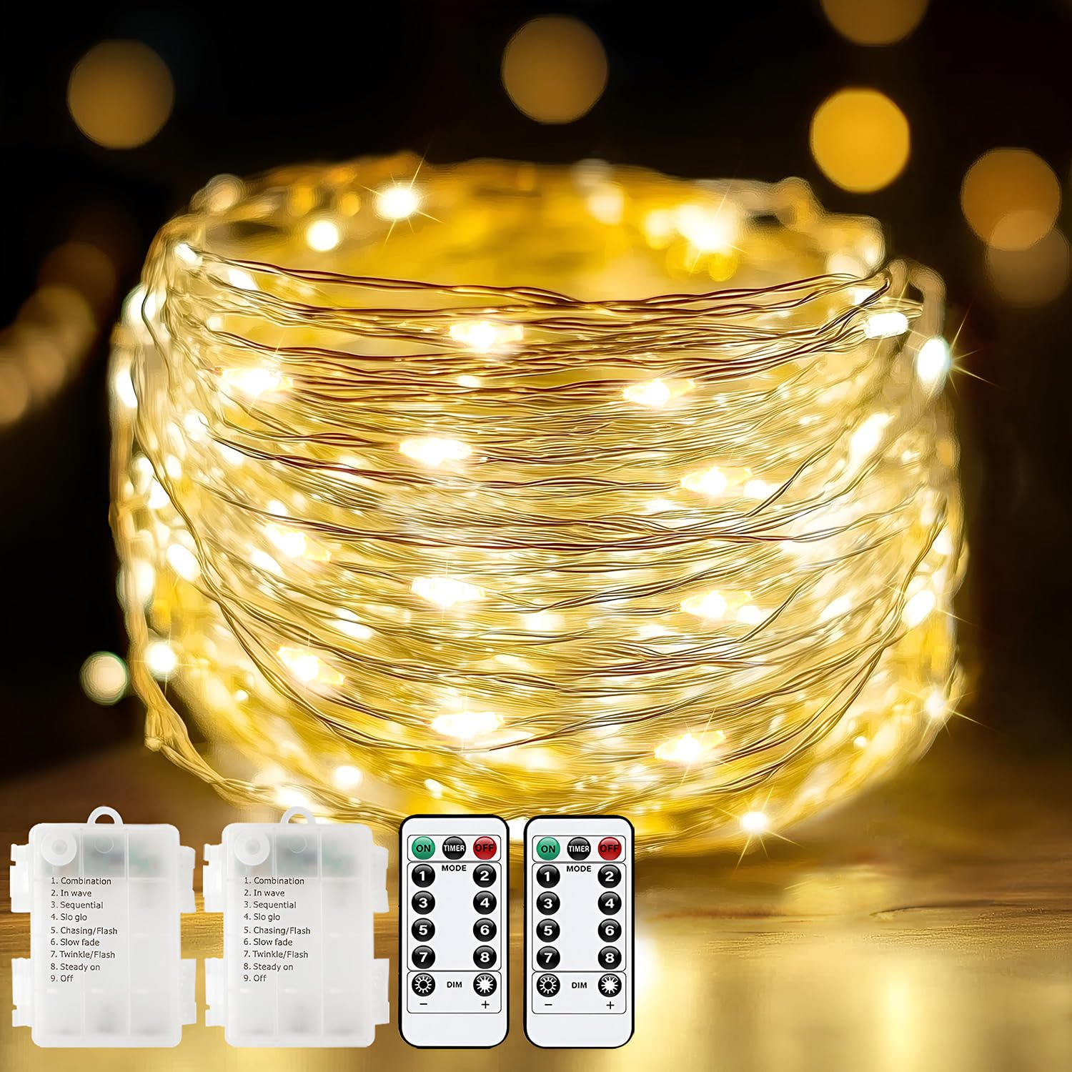 Metaku 2 Pack 33Ft 100 LED Fairy Lights Battery Operated String Lights with Remote Timer, LED Twinkle Lights for Bedroom, Party, Wedding, Centerpiece, Christmas Tree (Warm White)