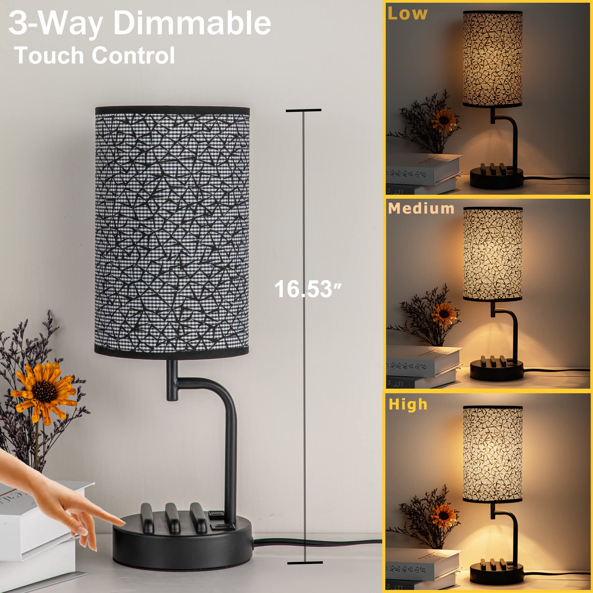 Dreamholder 3-Way Dimmable USB Table Lamp with Charging Ports - Black, Includes 9W LED Bulb, Ideal for Bedroom Nightstand