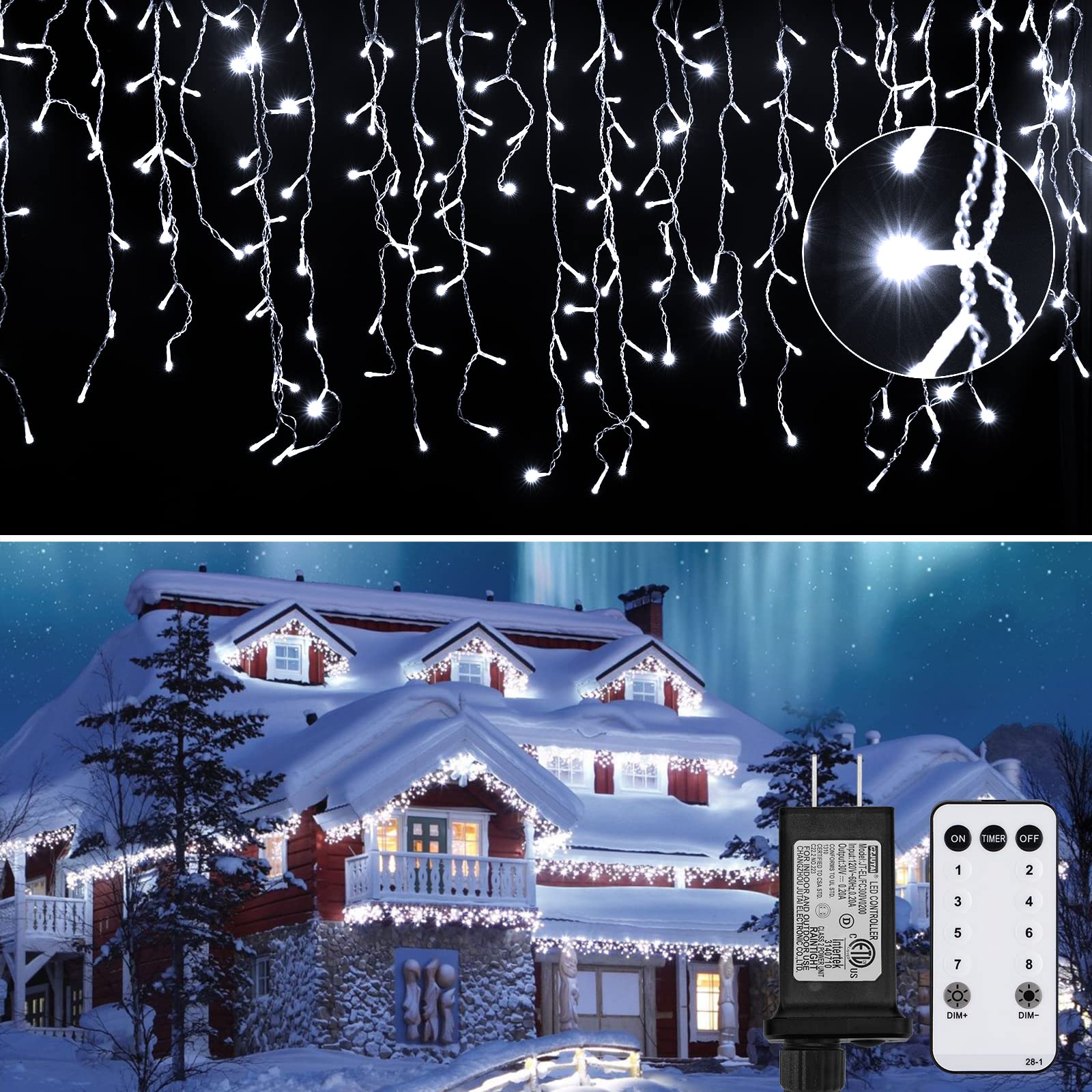 Minetom Icicle Lights for Outside, 66Ft 736 LED White Christmas Lights with 138 Drops, Icicle Christmas Lights Outdoor with Remo