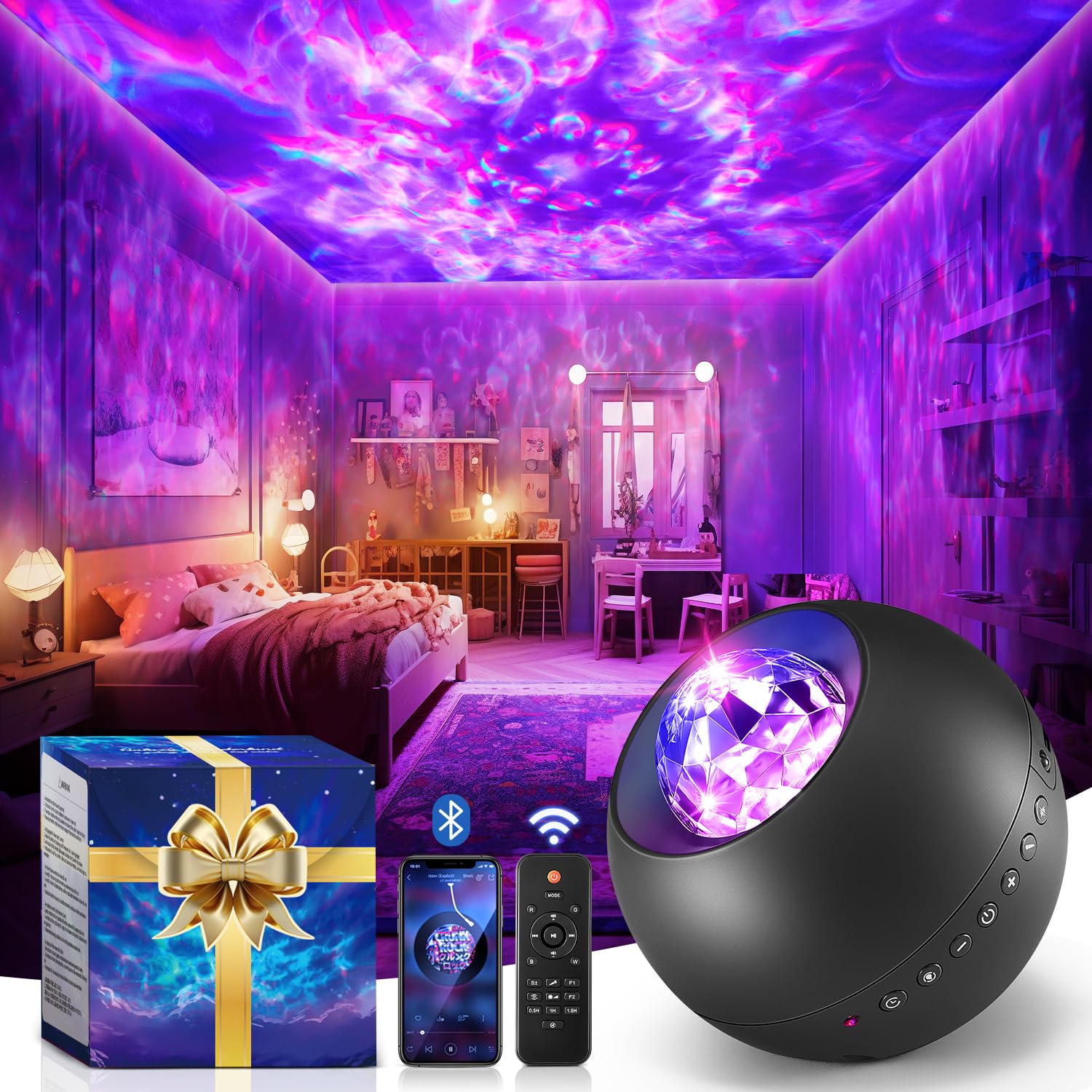 OneFire Galaxy Projector with Gifts Box/240 Lighting Modes/15 White Noise/Bluetooth Music Galaxy Projector for Bedroom Adults,Teen Stuff Room Lighting Bedroom Decor for Teen Girls&Teenage Boy Gifts