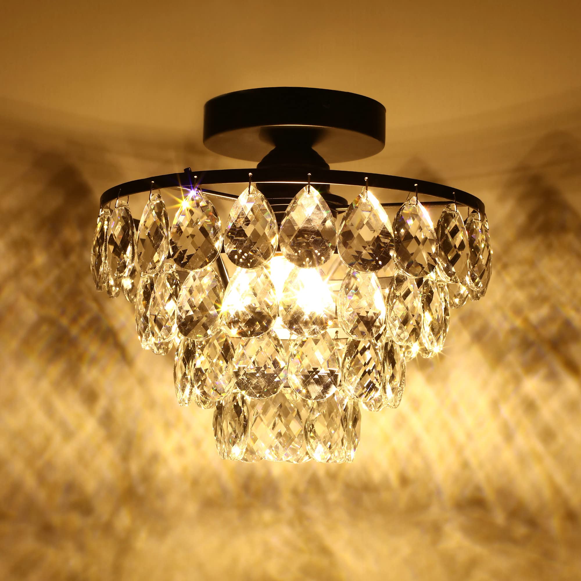 Luupyia Mini Crystal Chandelier Ceiling Light Small, Modern Crystal Ceiling Light for Hallway Overhead Fixtures Semi Flush Mount
