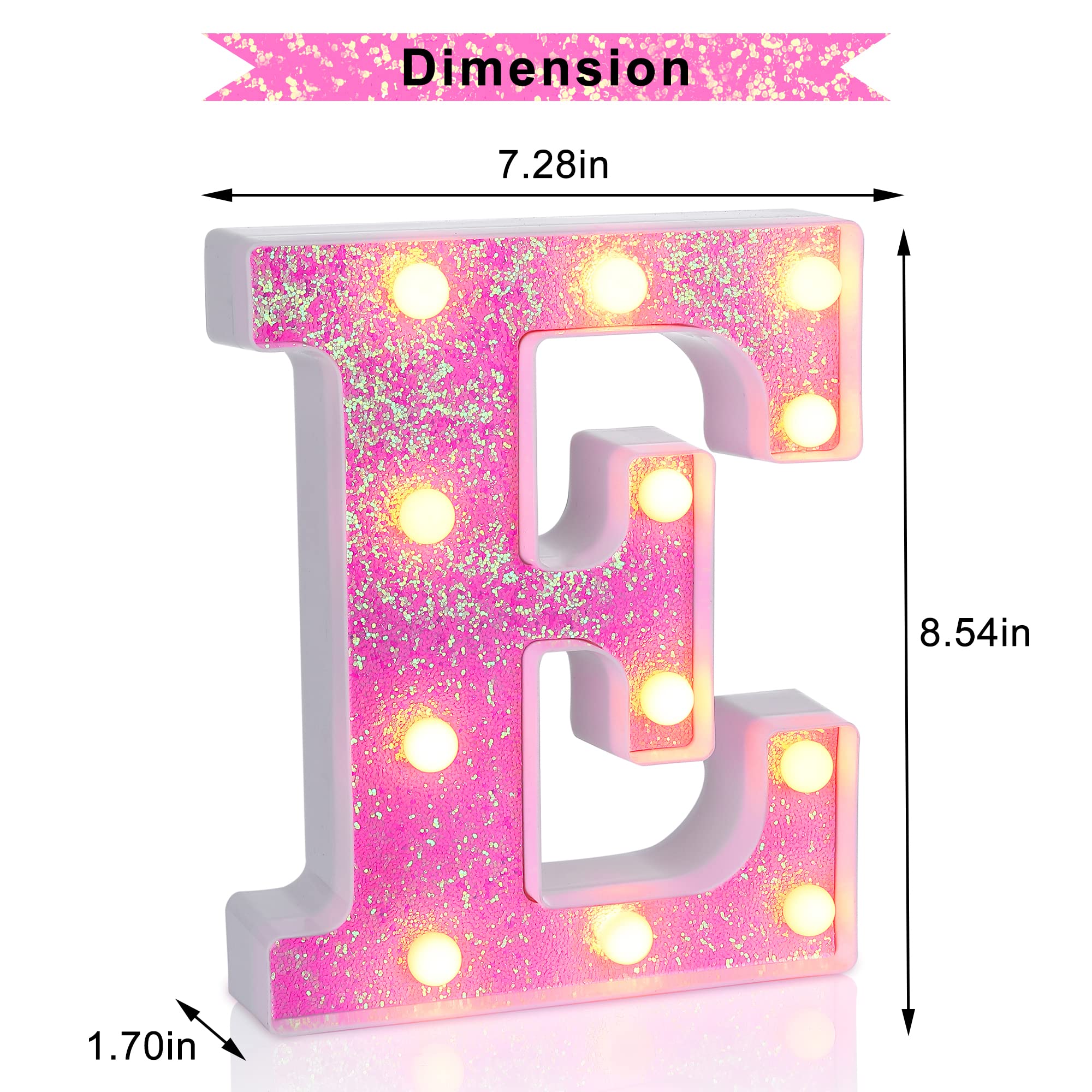 Foaky LED Letter Lights Sign - Pink Glitter Alphabet for Parties, Battery Powered, Home Bar Decoration, Model E
