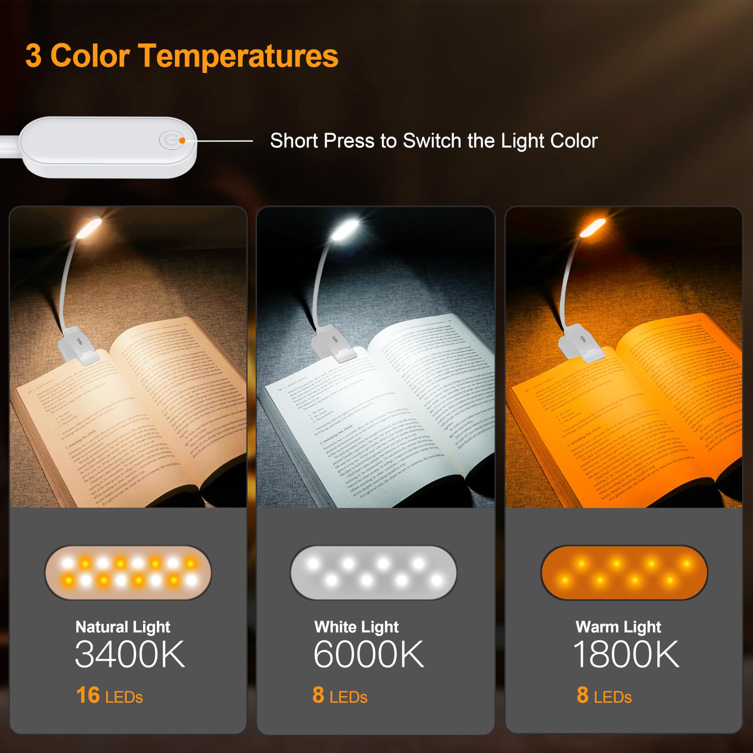 Gritin 16 Led Rechargeable Book Light - 3 Color Temperatures, Stepless Dimming, Lightweight, White