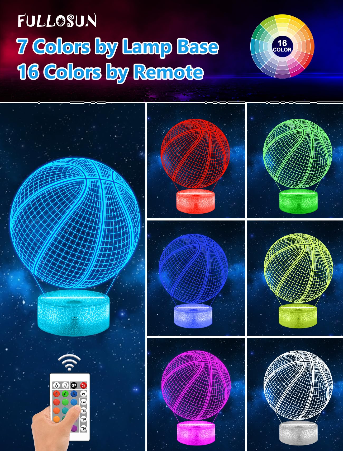 Fullosun 3D Basketball Night Light With Remote, 16 Colors - Perfect Gift For Sports Fans