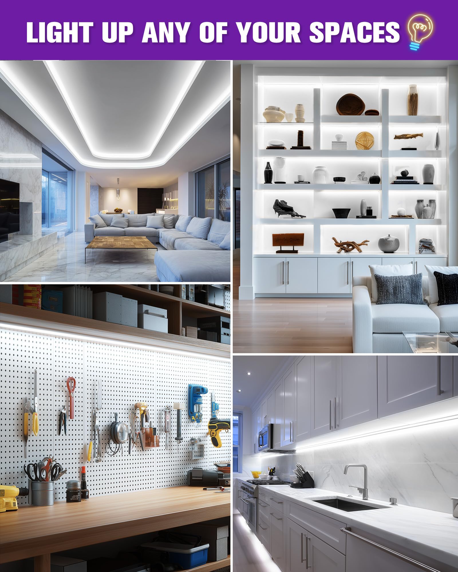 Hitlights White Led Strip Lights 5000K  16.4Ft enhanced 12V Cob Tape Light High Density  2400 Leds  305+ Lm/Ft  Cri 90+  Ip30  Lighting For Kitchen  Cabinets  Ul Listed (Power Source Not Included)