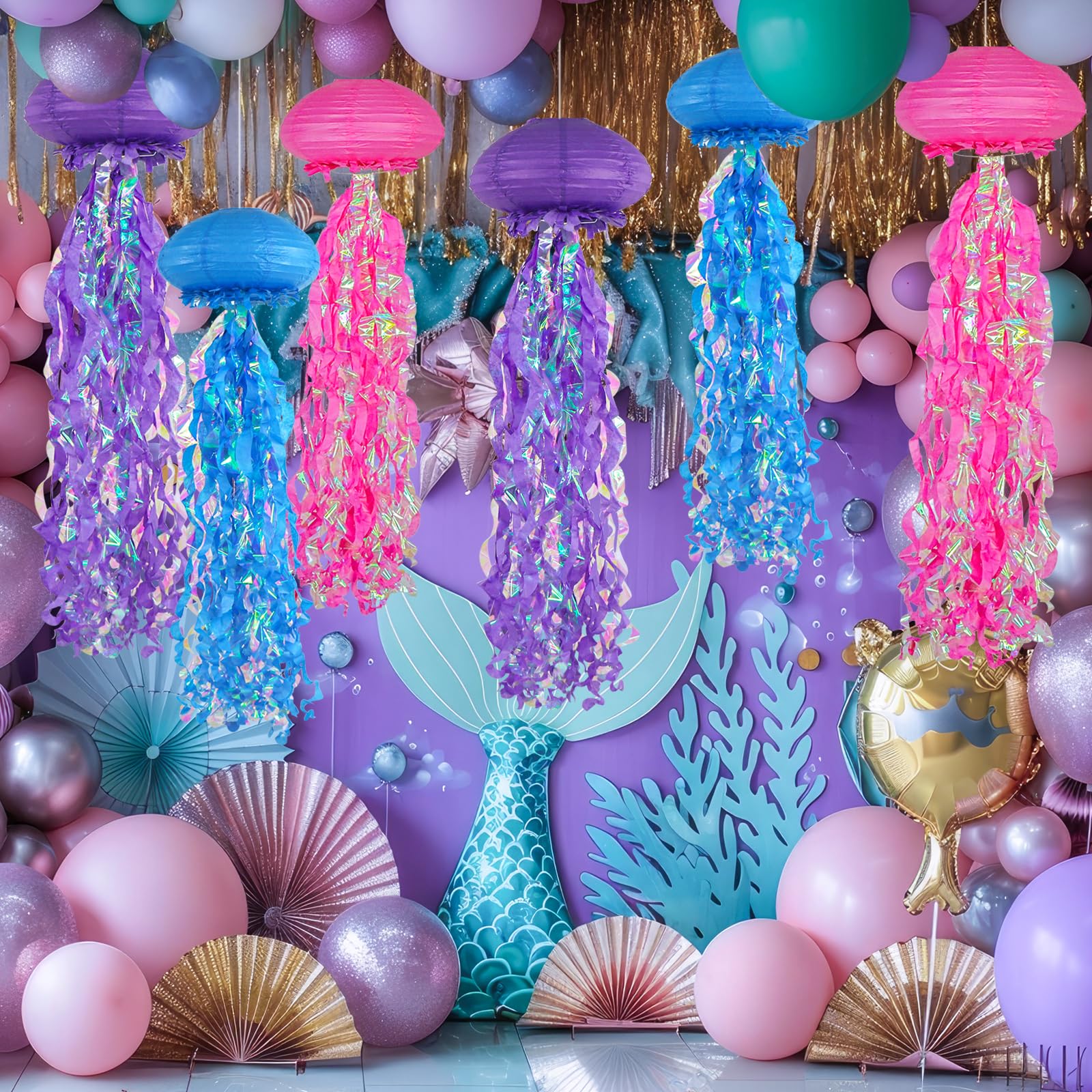 Jellyfish Paper Lanterns, Under The Sea Party Decorations, Dark Pink Blue Purple Hanging Jelly Fish Lantern For Kids Birthday De