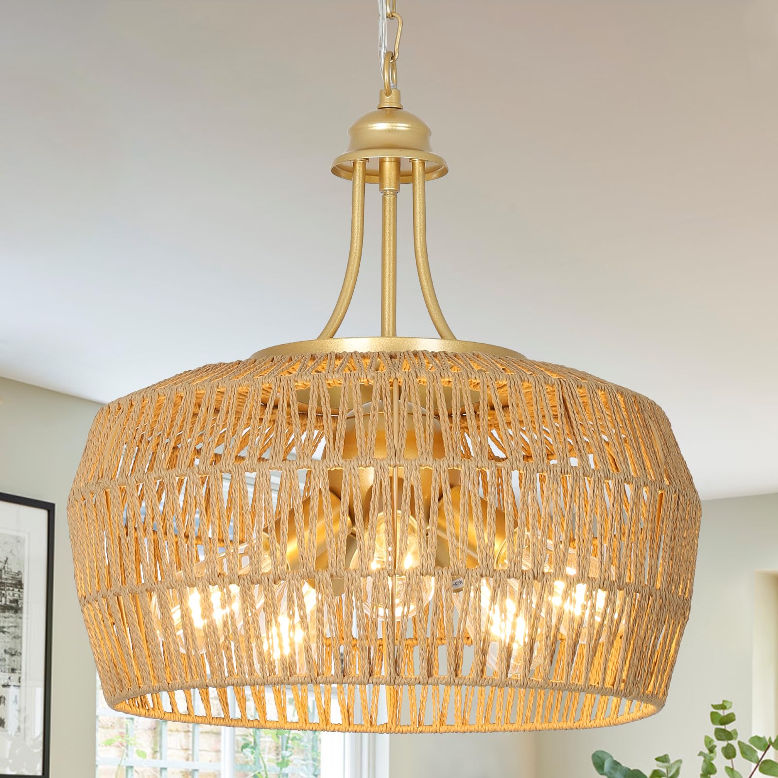 Gold Rattan Chandelier for Dining Room, 5-Light Boho Dining Room Light Fixture with Wicker Lampshade, Large Brass Pendant Hangin