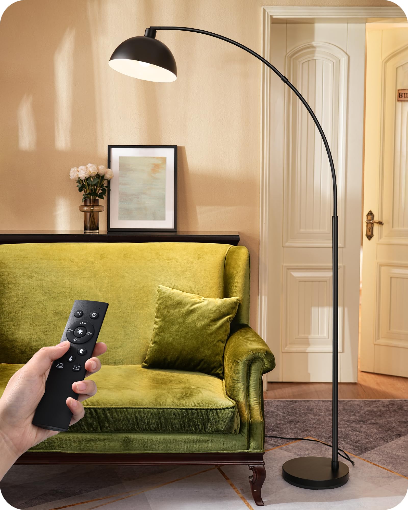 EDISHINE Modern Arc Floor Lamp, 78.3'' Mid Century Reading Lamps Over Chair with Remote & Foot Switch, Rotatable Lamp Head, Meta