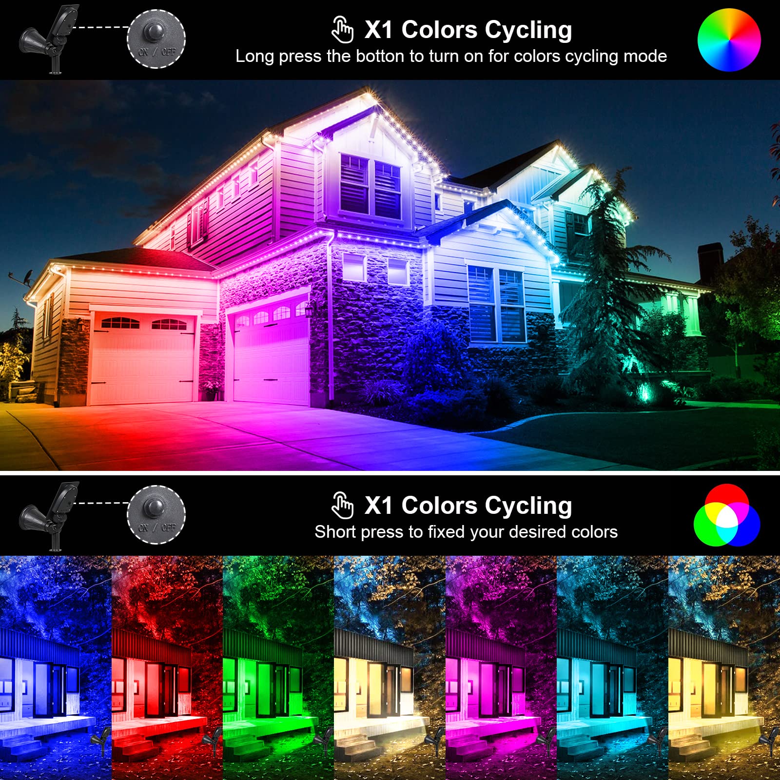 T-SUNUS Solar Landscape Spotlights, RGB Color Changing, Waterproof, Auto On/Off, 2 Pack