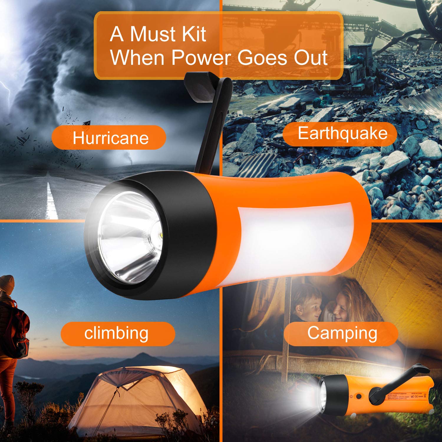 Vfan Rechargeable Hand Crank Flashlight/Generator/Usb Charger For Phone And Emergency Survival Situations (Orange)