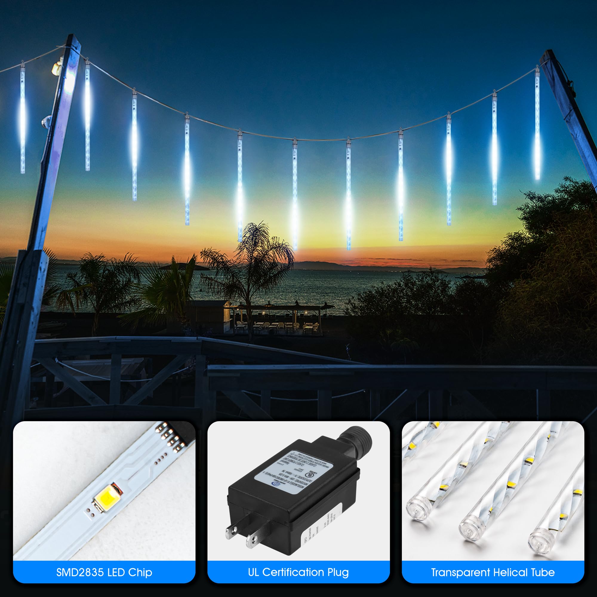 PGFUN LED String Lights - 288 LEDs, 12 Tubes, 12.2 inch, Blue - Meteor Shower Rain Lights for Christmas, Wedding, Garden Decor