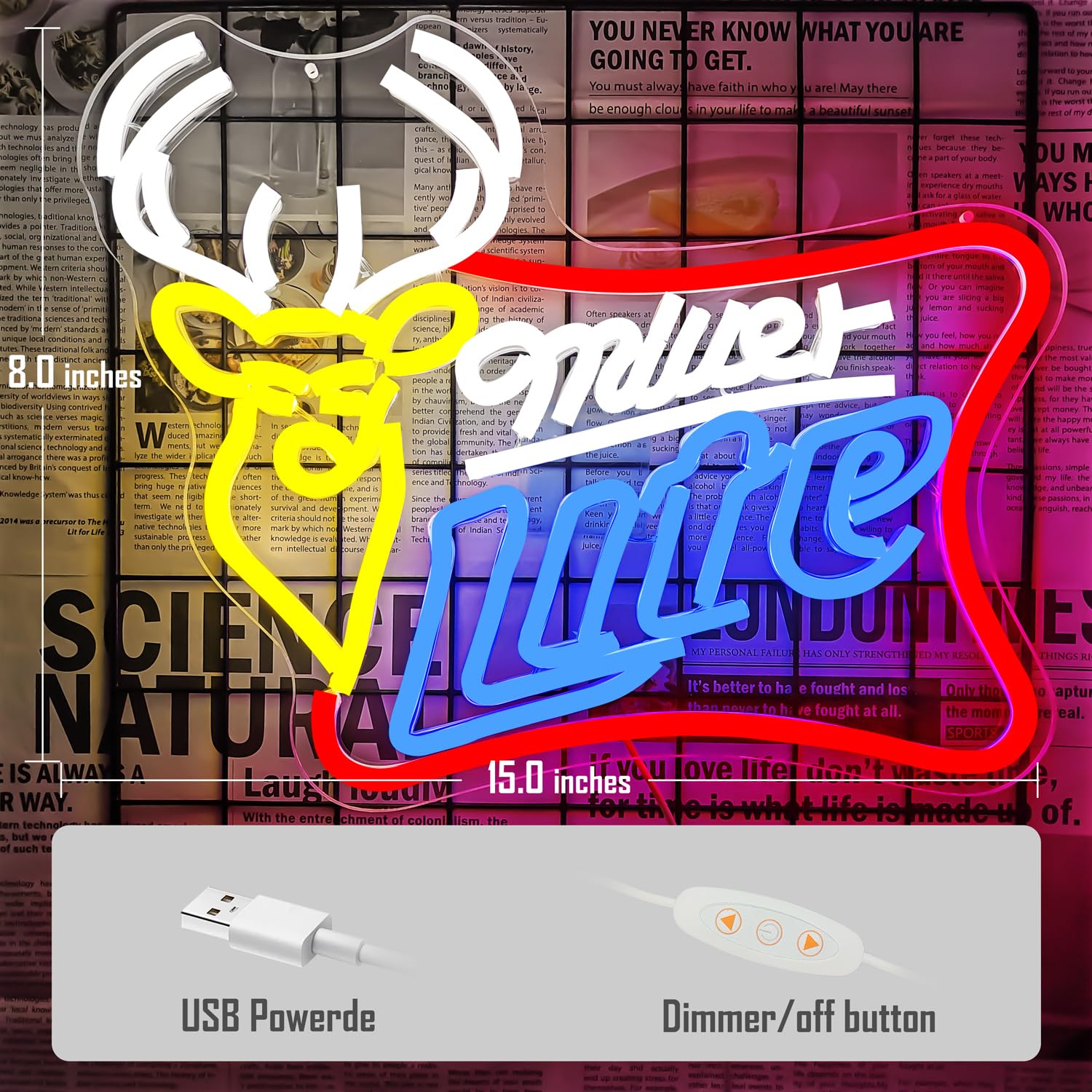 JooeTuu Dimmable Beer Neon Sign - Yellow Deer Wall Decor for Man Cave, Bar, Pub, Bistro - Miller Lite Lighted Sign