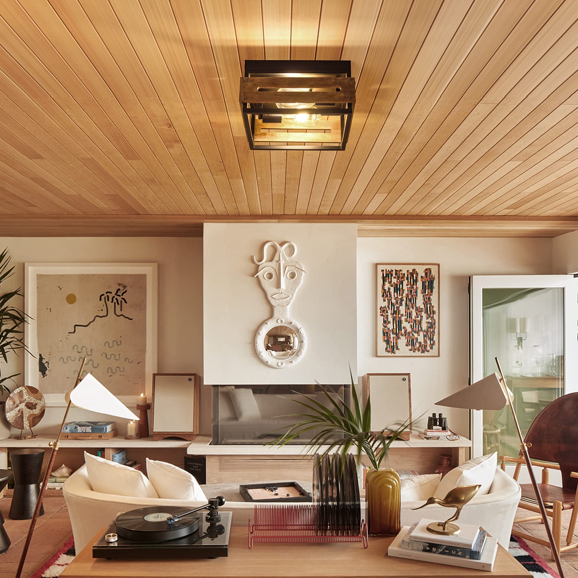 Mayful Flush Mount Ceiling Light, Rustic Ceiling Light Fixture With Black Metal And Wood Design, 2-Light Farmhouse Light Fixture