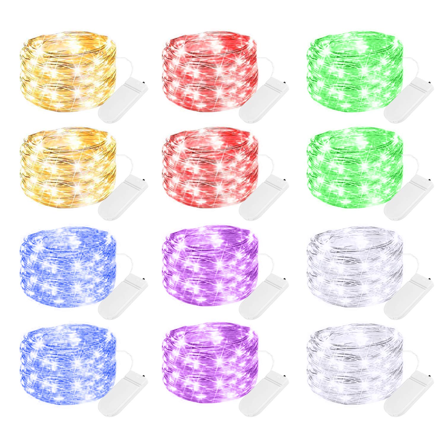 Brightown LED Fairy Lights - 12 Pack, 20 Lights, 7 Feet, Battery Operated, Waterproof, Multi Color, Copper Wire