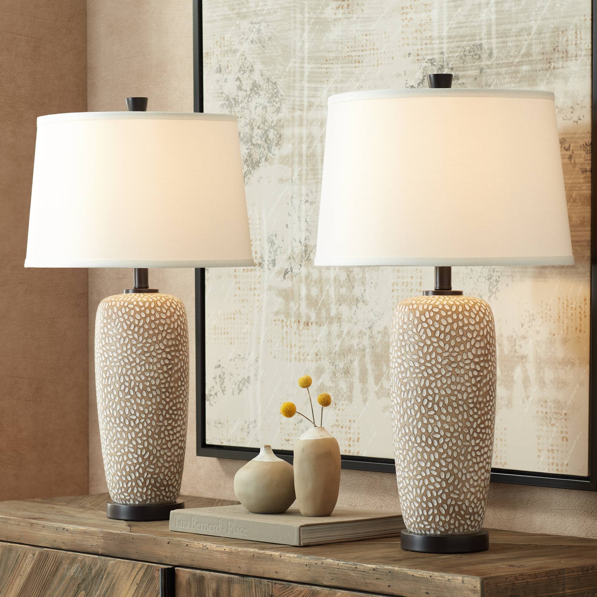 360 Lighting Anna 27 1/4'' Tall Modern Coastal Table Lamps Set of 2 Beige Pebbled Fabric White Shade Living Room Bedroom Bedside