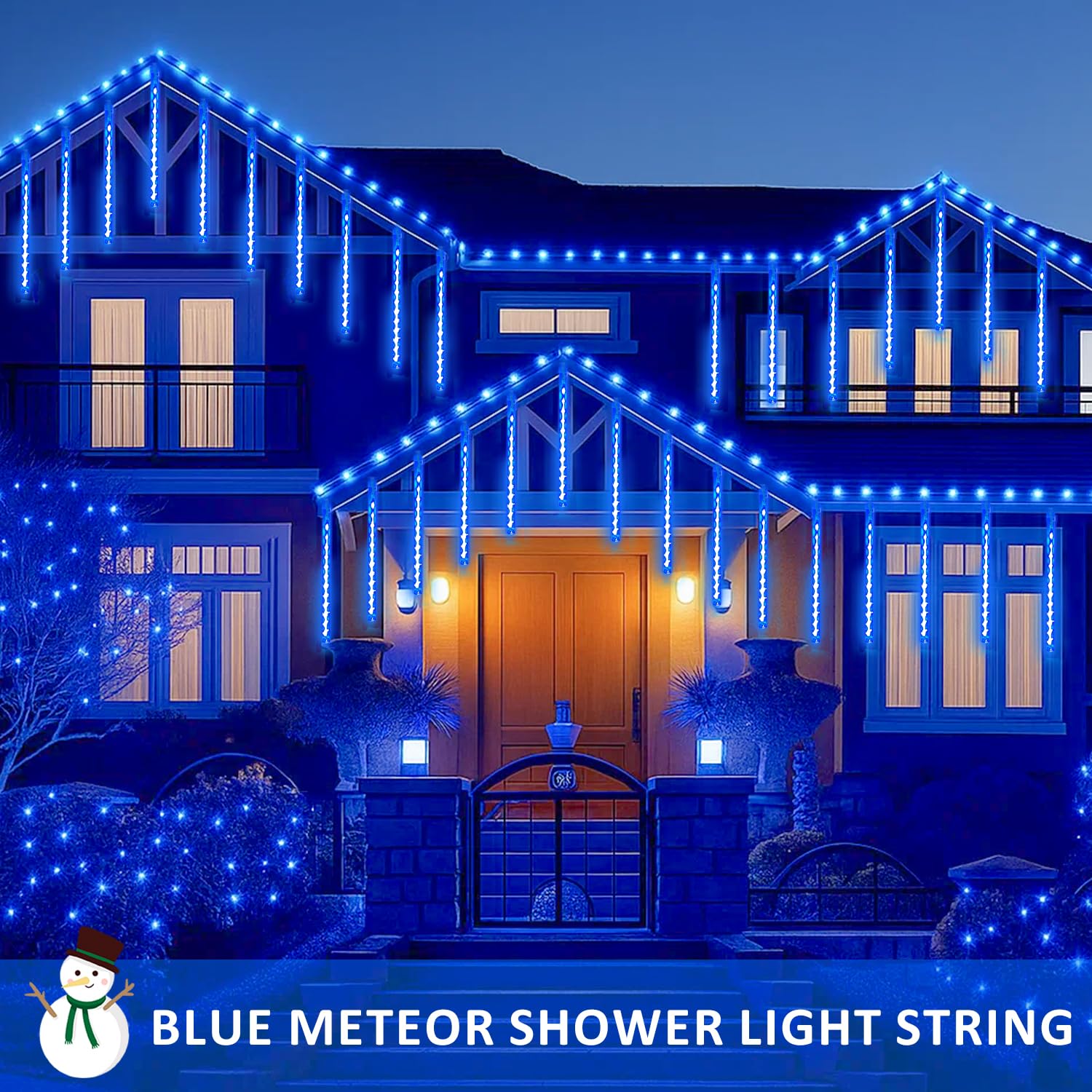 2-Pack Extendable Meteor Shower Christmas Lights Outdoor  16 Tubes 384 Leds Waterproof Falling Rain String Lights  Christmas String Lights Outdoor For Tree Garden Patio Holiday Decorations (Blue)
