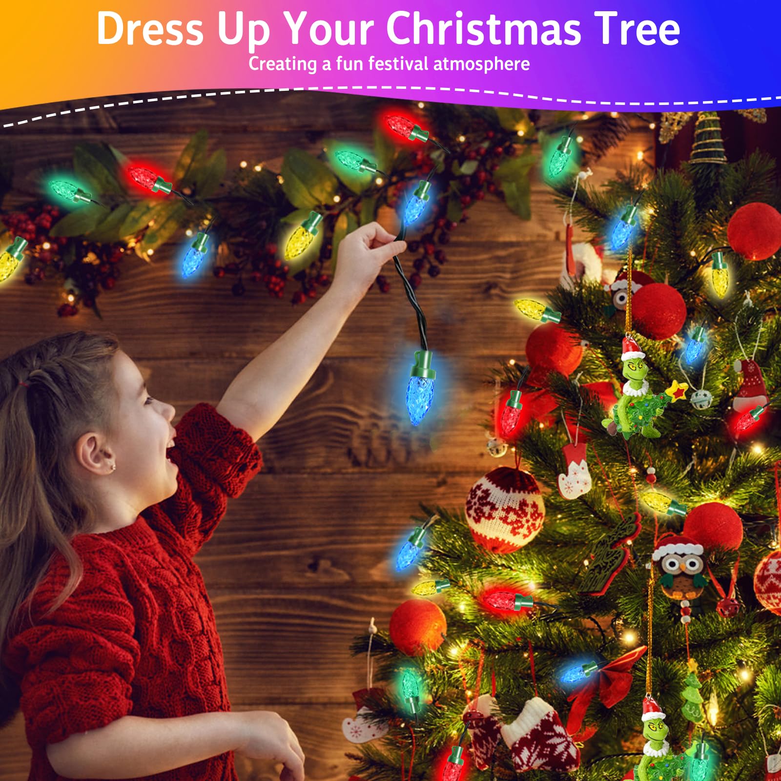 L LAMPOP Solar Christmas Lights, Outdoor Waterproof, 50 LED, C7 Size, Multicolor, Model SL-50L-Strawberry-MC