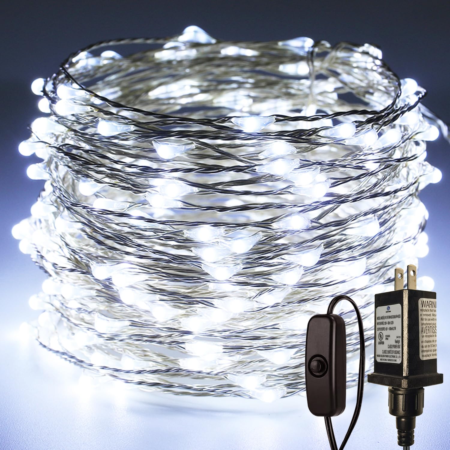 RUICHEN Plug in Fairy Lights with Switch  Waterproof 66 Ft 200 LED Silver Wire Starry String Firefly Lights for Bedroom  Patio  Garden  Balcony  Dorm  Cool White