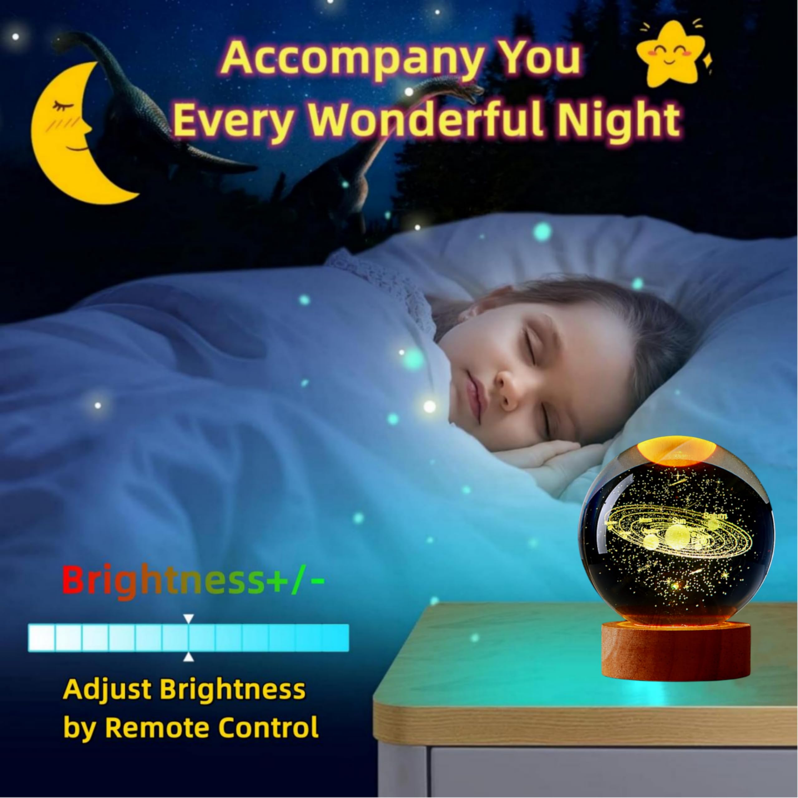 DIGFPWT Solar Crystal Ball Night Light, 3D Galaxy Lamp, 16 Color Change, 3.15 Inch, LED Wooden Base, Gift Box Packing, Solar System Model