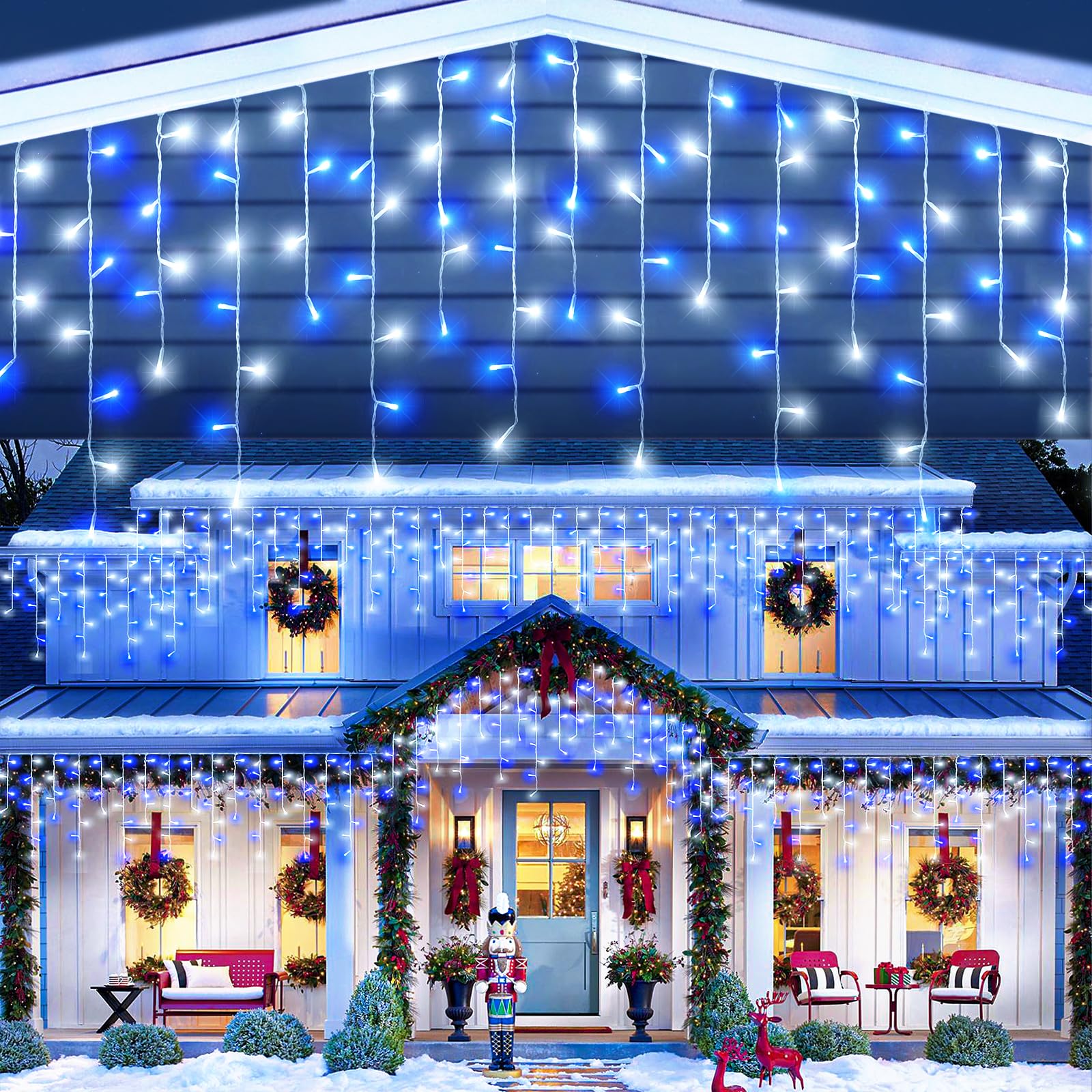 66ft Blue and White Christmas Lights, 640 LED Icicle Lights for Outside House Clear Wire Connectable Twinkle Lights with 8 Modes