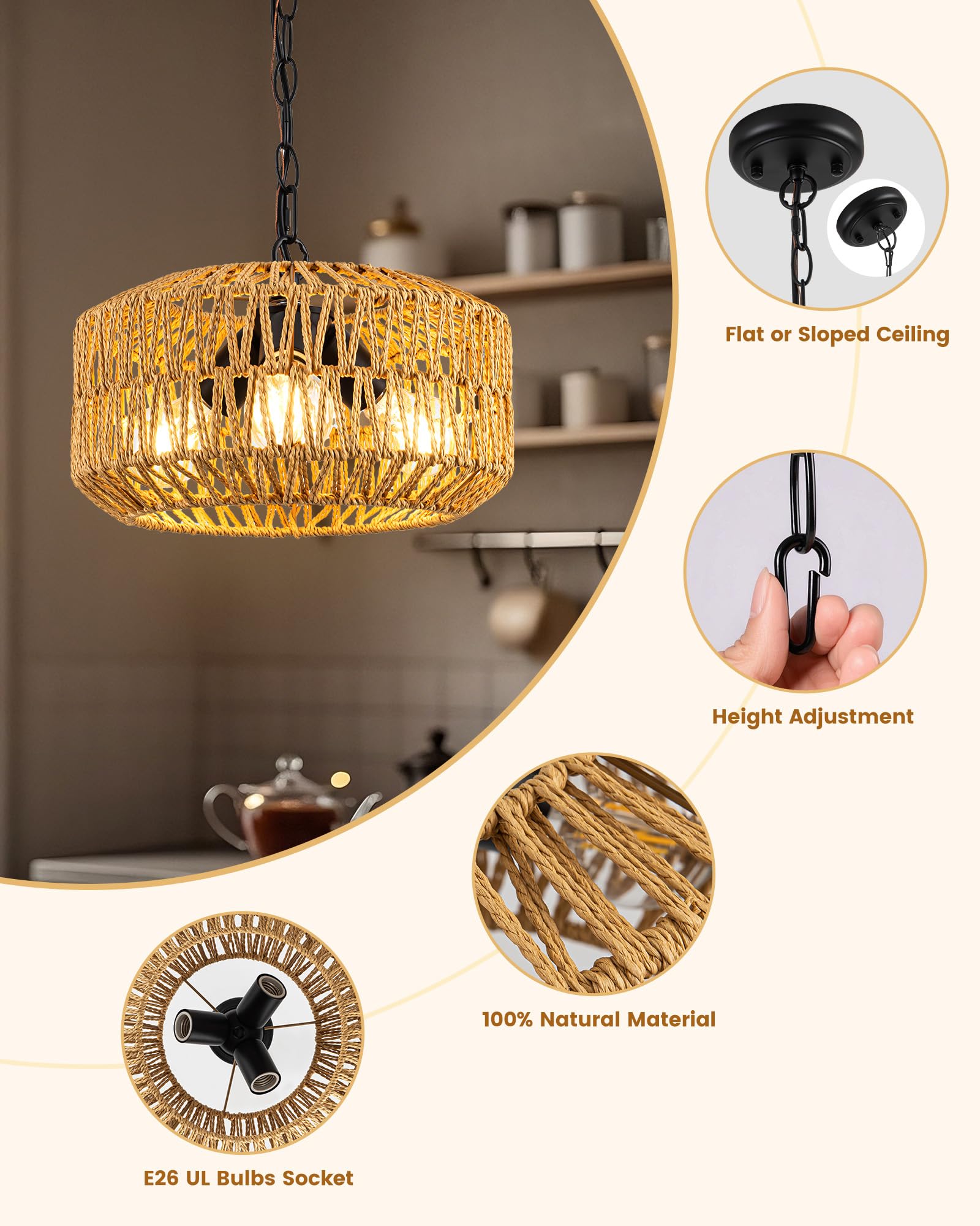 Leip 11.8'' Boho Rattan Chandelier, 3-Light Farmhouse Pendant Light For Kitchen Island, Dining Room, Living Room, Adjustable Han