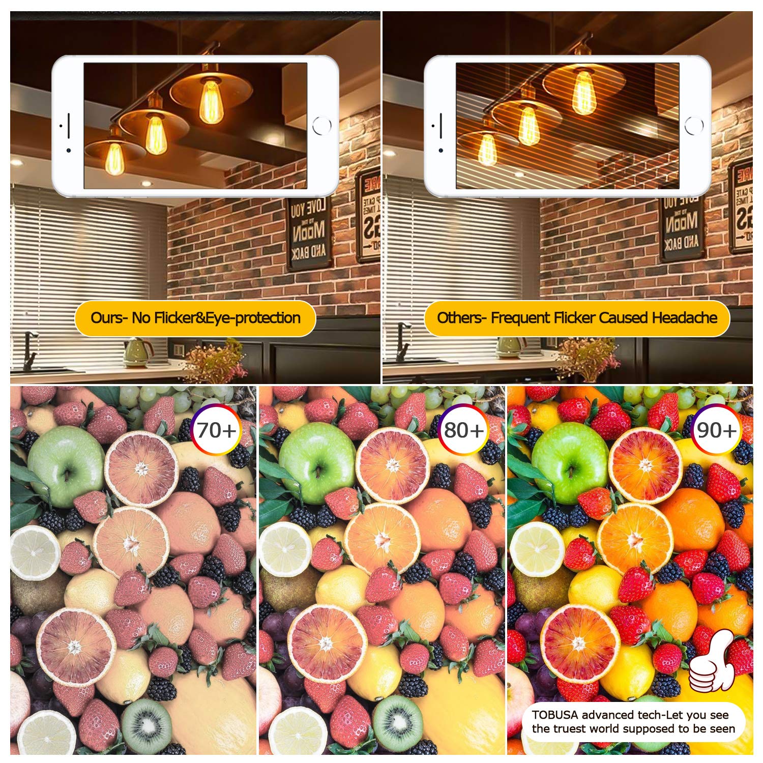 TOBUSA Dimmable LED Edison Bulbs 8W 1200LM, 100W Equivalent, Vintage Amber Glass, 2700K Warm White, ST64, 4-Pack