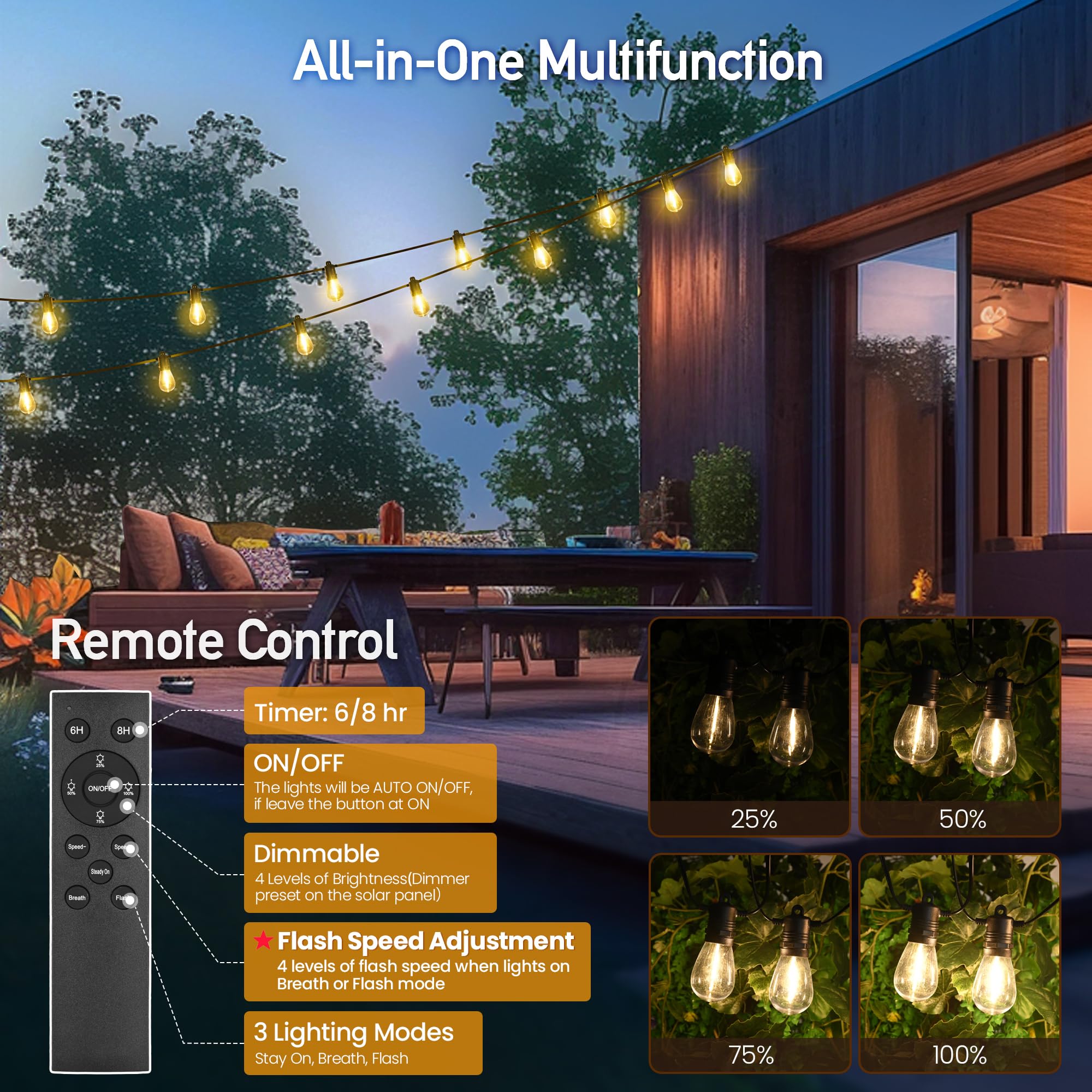 AUBVERC Solar String Lights 54 FT 16 Sockets Waterproof USB Charge Remote Control Black Model 10101
