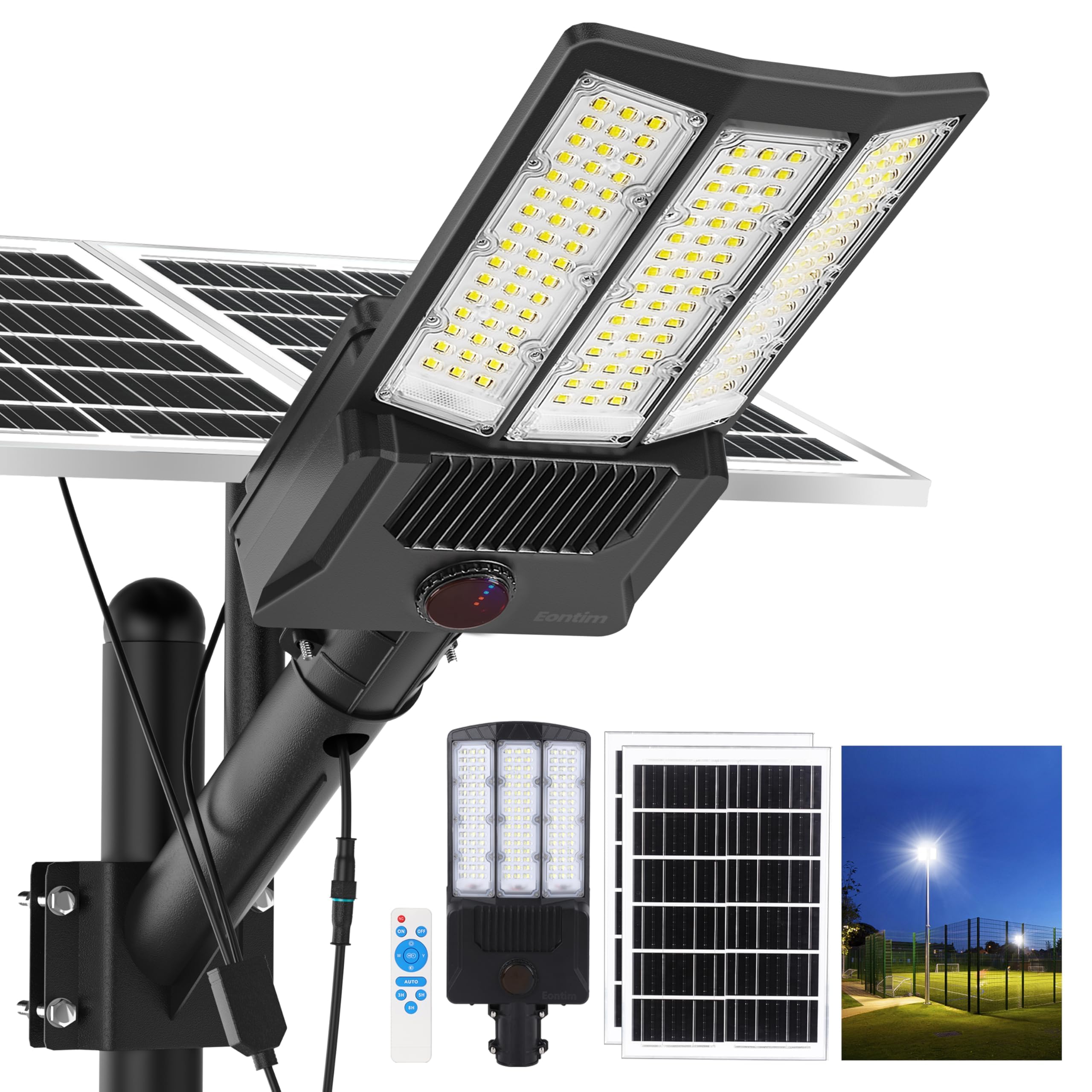 Eontim Commercial Solar Street Lights Outdoor, 144 LED with Lens, 65,000 Lumens Solar Flood Light with Battery Indicator, 50,000
