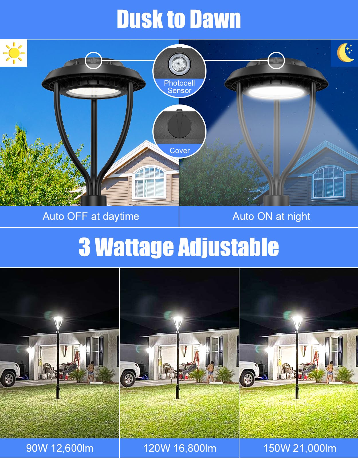 Kukuppo 150W Led Post Top Light Etl&Dlc Listed 21000Lm, 150W/120W/90W Wattage Selectable Led Post Pole Top Light Dusk To Dawn Ip