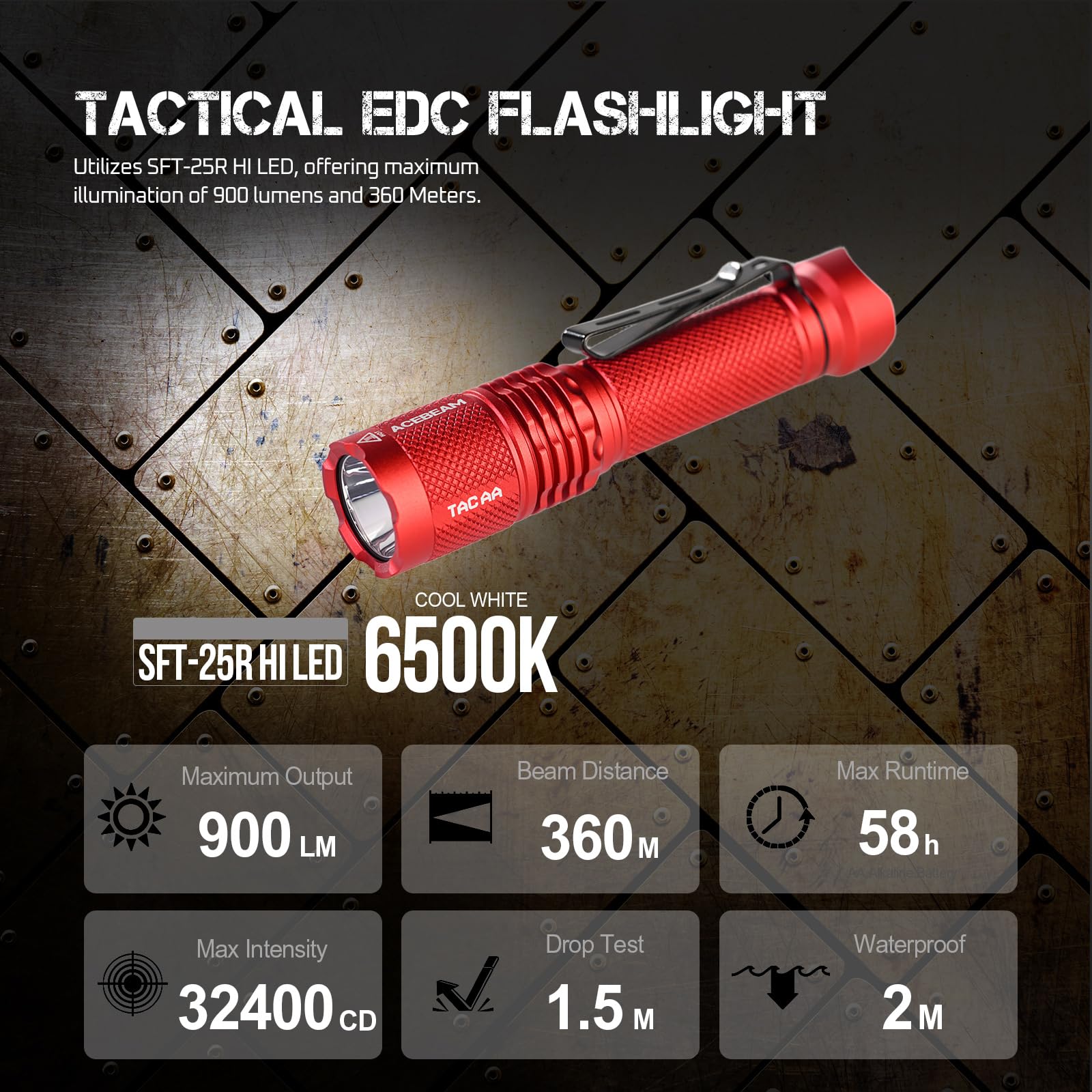 ACEBEAM TAC AA 2.0 Tactical Flashlight, 900 Lumens, 360 Meters Range, Rechargeable, Red Aluminum, EDC, 6 Modes