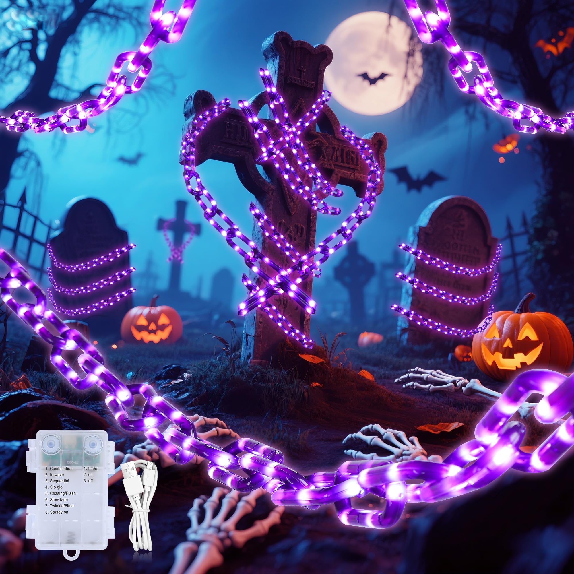 MYGOTO Battery Operated Halloween Lights, 10.5FT 175 LED Plastic Chains Lights, 8 Modes Waterproof Timer String Light for Skelet