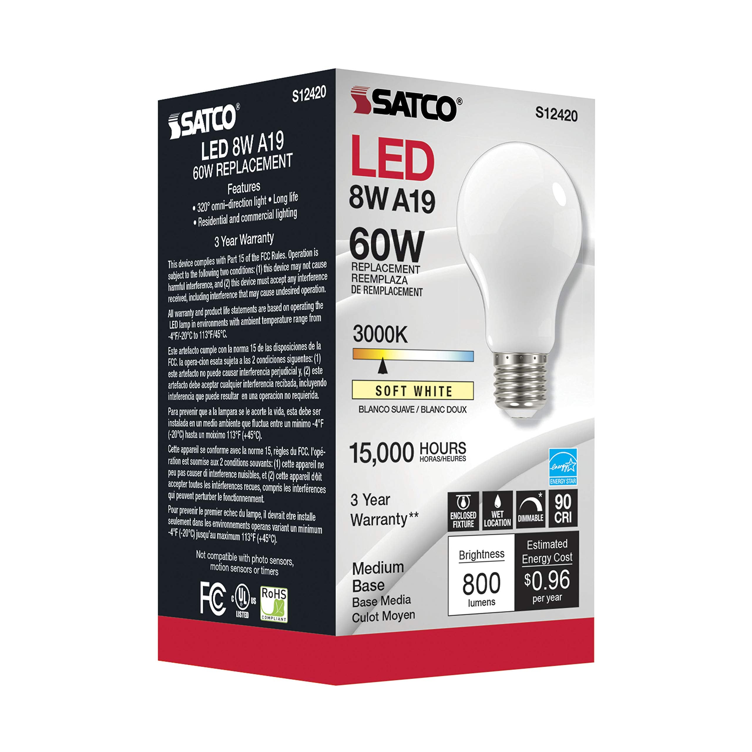 Satco S12420-8.2 Watt Led A19 Soft White Bulbs - 6