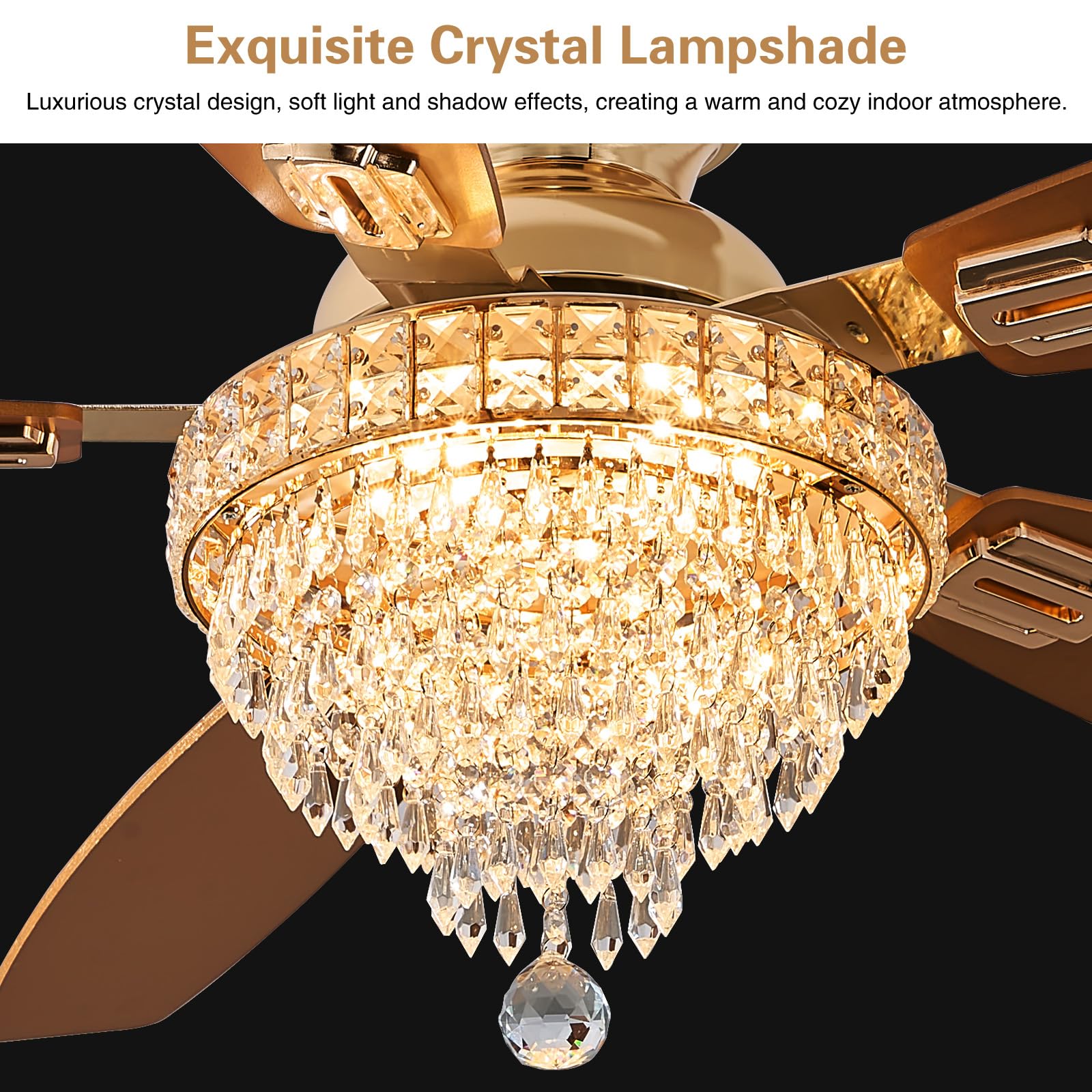 Fanyank Crystal Ceiling Fan Fandelier, 50" Gold, Flush Mount, Dimmable, Remote Control, Noiseless, Ideal for Bedroom