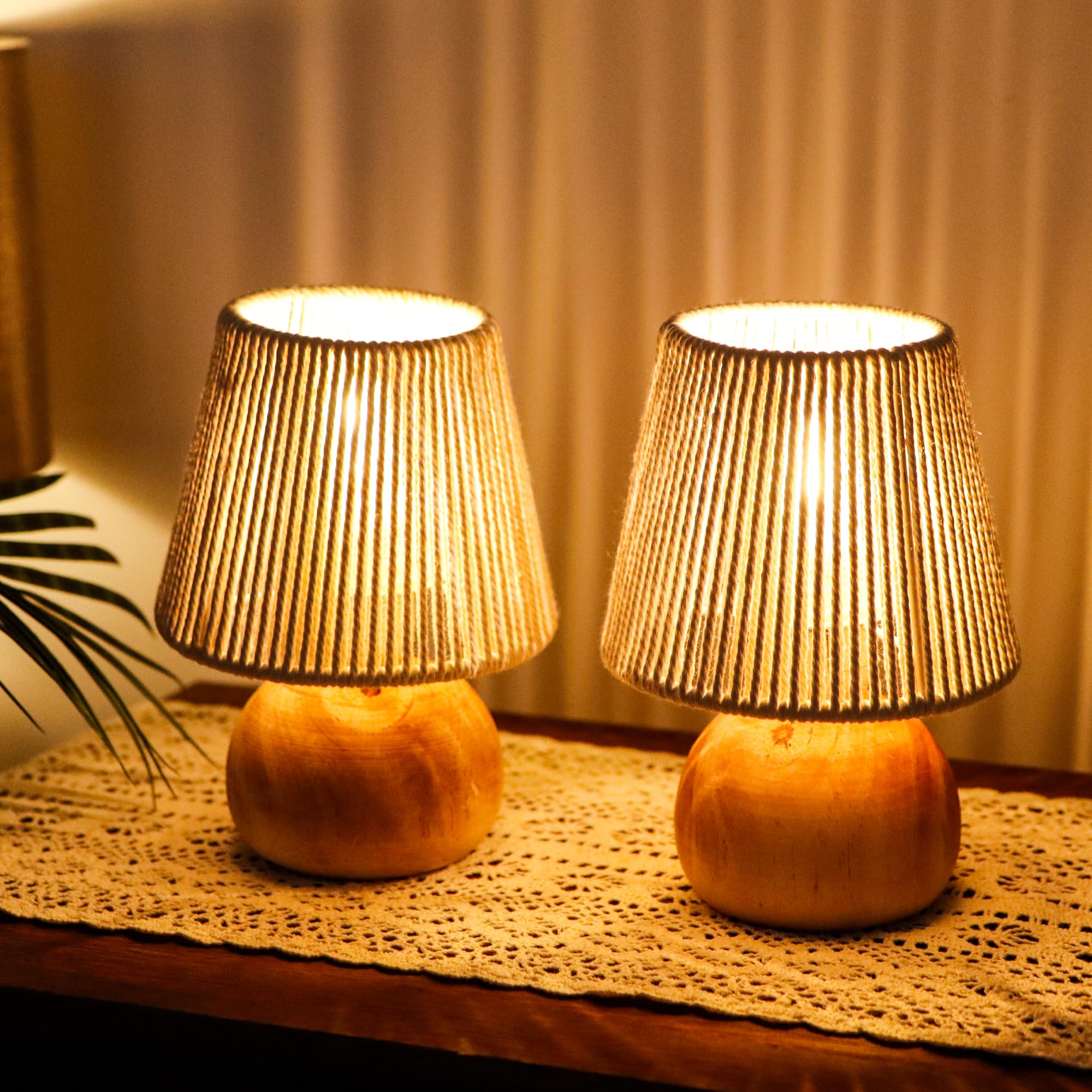 TRIROCKS Set of 2 Woven Cotton Rope Table Lamp - 8 Tall Cordless Lamps with Wooden Base Boho Lamps Great for Living Room Bedro