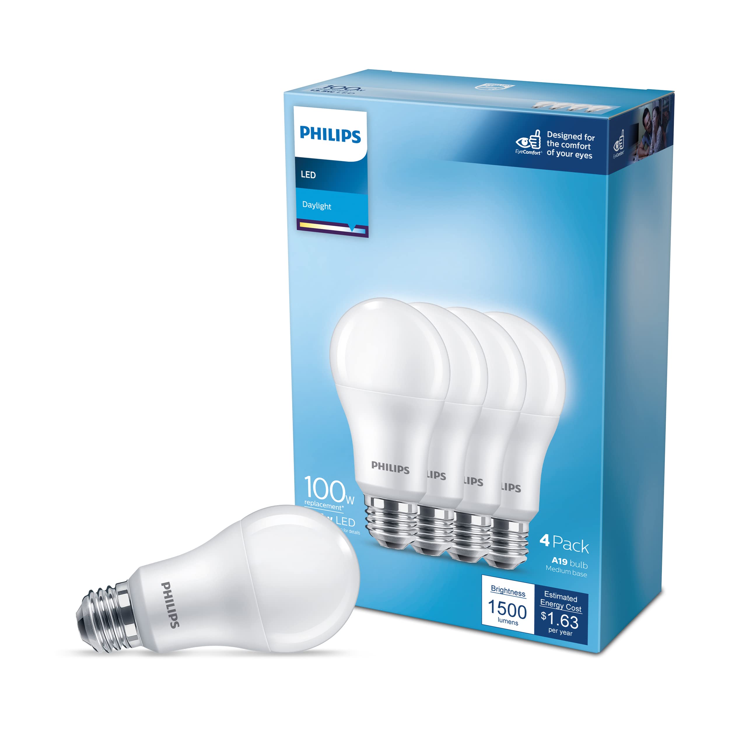 Philips Led Basic Frosted Non-Dimmable A19 Light Bulb - Eyecomfort Technology - 1500 Lumen - Daylight (5000K) - 13.5W=100W - E26