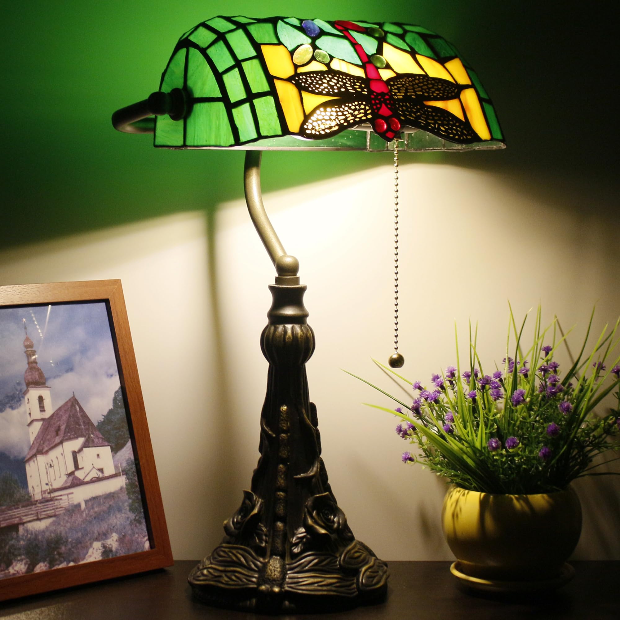 Tiffany Banker Lamp Small Stained Glass Table Lamp Tiffany Style Piano Light Green Dragonfly Style Desk Lamp Angle Adjustable 10