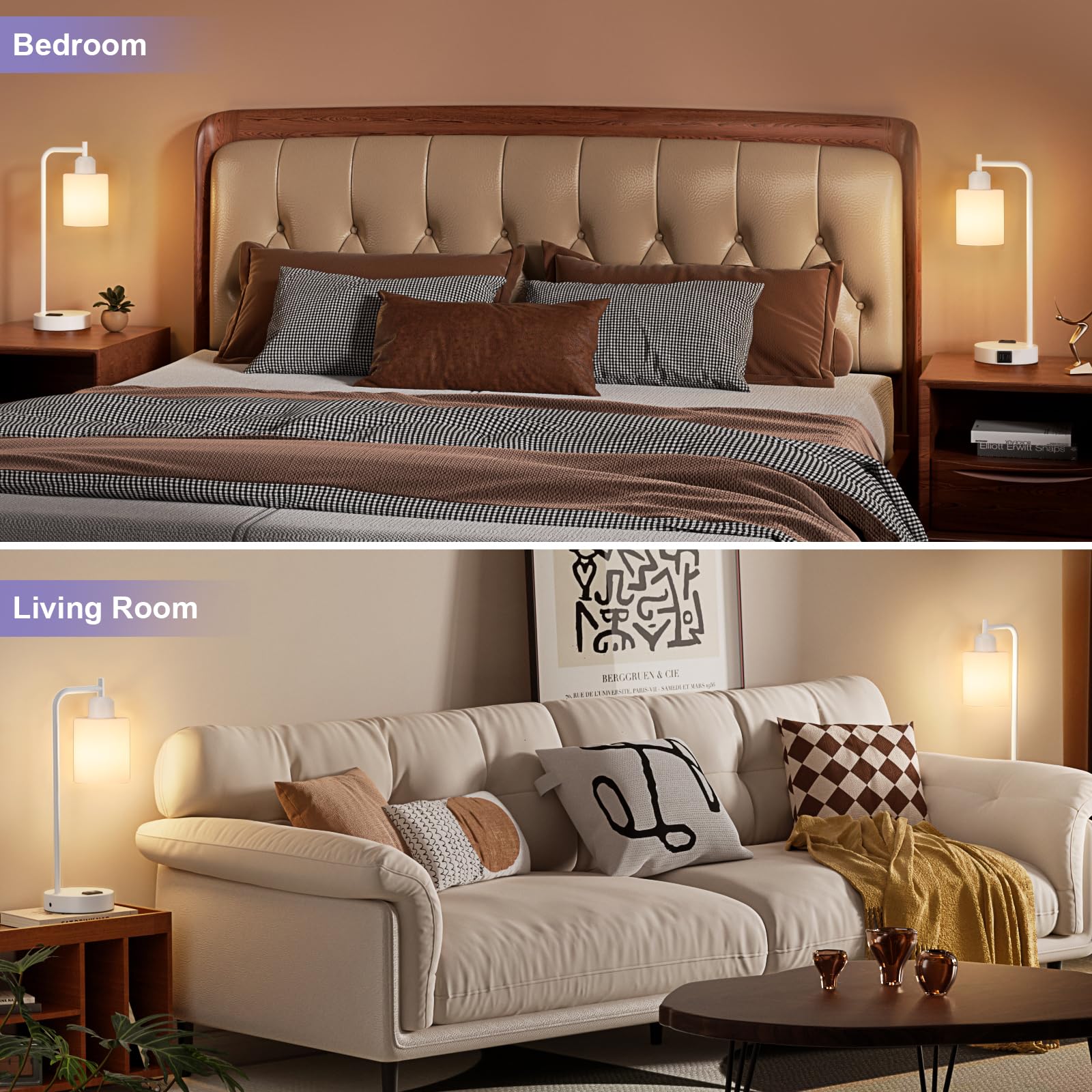 Innqoo Industrial Table Lamps Set of 2, 3-Way Dimmable, USB C+A Ports, White Base & Opal Shade for Bedrooms and Living Room