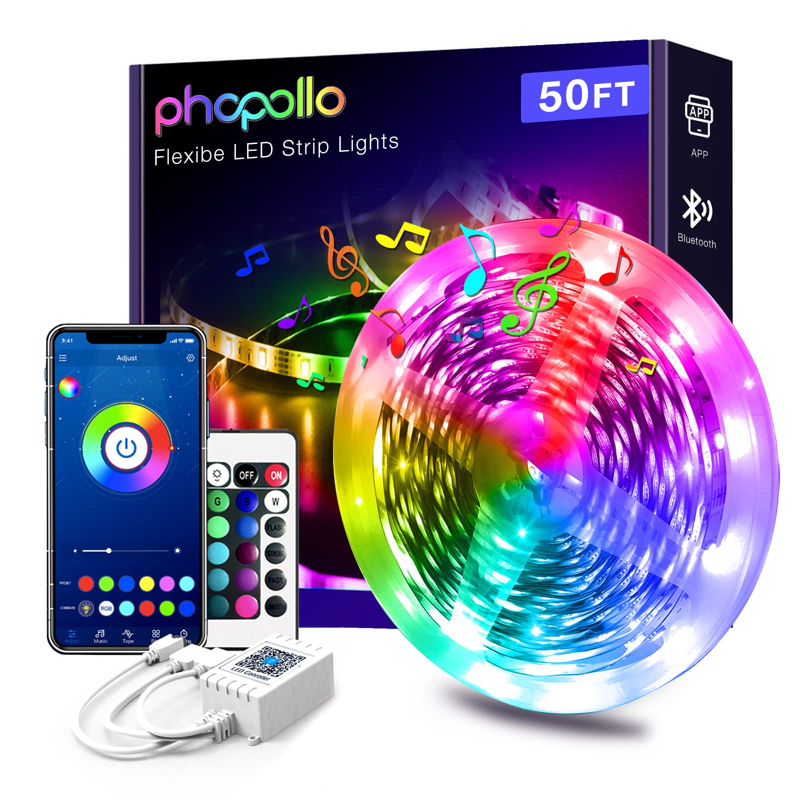 PHOPOLLO Bluetooth LED Strip Lights 50ft 5050 RGB Multicolor for Bedroom, Kitchen, App Control, Music Sync, Model PB5018115